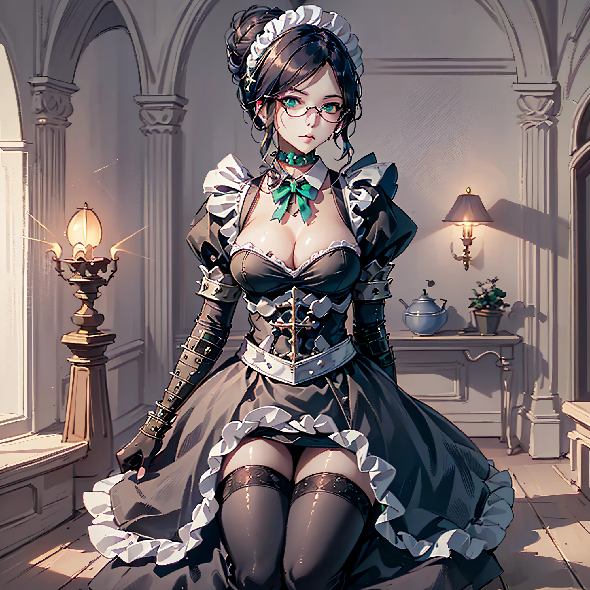 (1girl, yuri alpha:1.0), (anime overlord), (solo:1.4), (Maid_Dress), (narberal_gamma, in maid dress), (64k, UHD, Raw photo, highes, Best Quality, mastepiece:2.0), (Ultra-fine depiction of details:3.0), (a serious, loyal, hard-working maid head, the vice-captain of the "Pleiades Six Stars", the battle maid squad of the Great Tomb of Nazarick), (a beautiful woman with an intelligent look), black hair, (elegant, vivid blue bowtie, ribbon:1.3), (green wristband), (She is equipped with highly elaborately designed, dark emerald green spiky gauntlets:1.5), (perfect face, perfect body, perfect figure, pink lips, slight blush), (cool, intellectual glasses), (slightly glowing blue eyes:1.3), (shiny sleek long hair, single hair bun, single braid bun, double bun), (silky, high-quality, majestic, gothic, ((low-key)), simple, maid dress:1.0), (vivid blue gothic style choker:1.3), (pure white maid apron:1.2), (gigantic breasts, almost brimming out of maid dress:1.2), (sexy cleavage:1.1), inhouse, studying the orders issued by the master of [the Great Tomb of Nazarick, Ainz Ooal Gown], the room is filled with solemn atmosphere, (long shot, full body shot), (perfect lighting,)