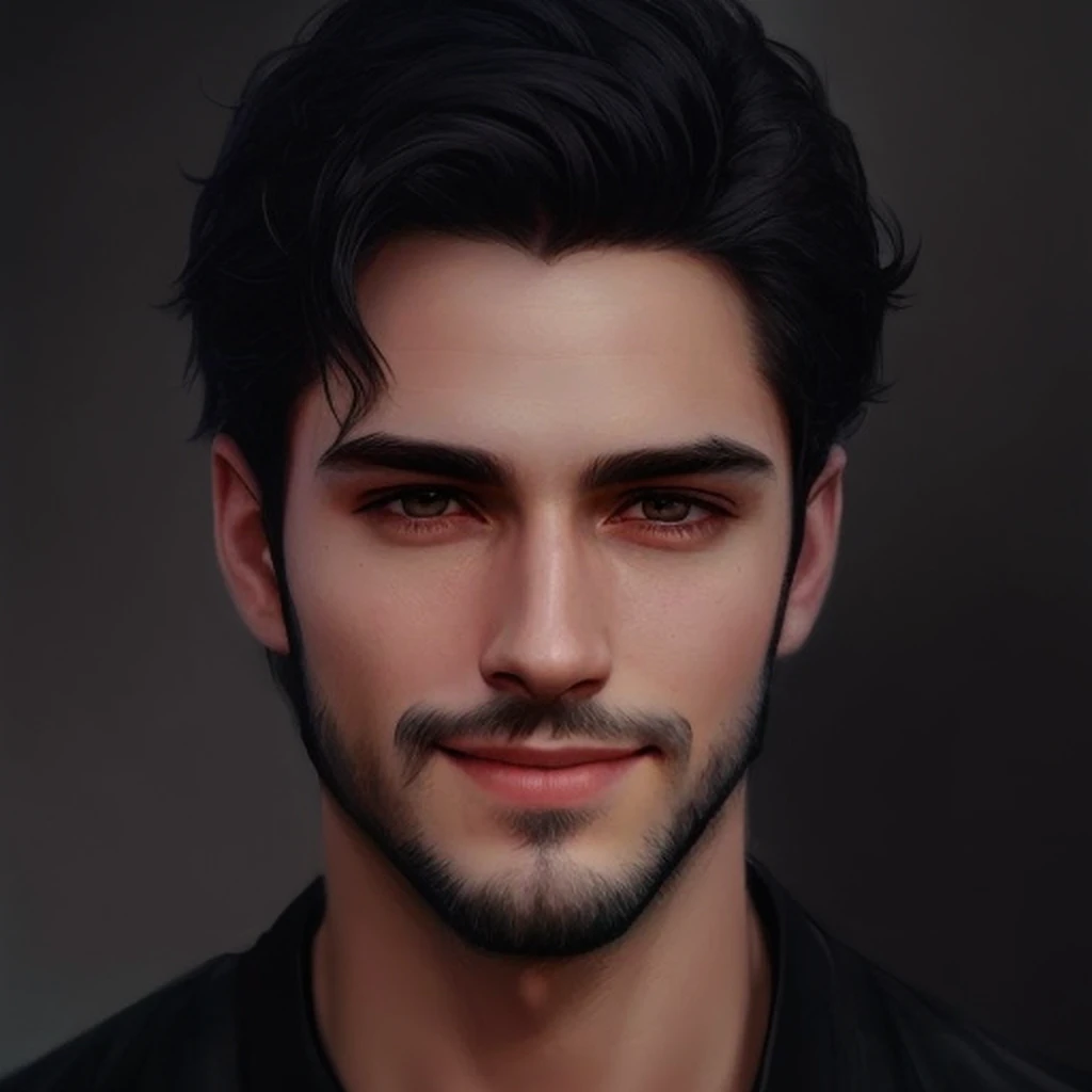 a close up of a man with a beard and a black shirt, detailed character portrait, handsome detailed face, high quality portrait, character art portrait, fantasy art smug smile man, fantasy male portrait, handsome stunning realistic, anime portrait of a handsome man, inspired by Adam Dario Keel, realistic portrait, realistic detailed face portrait, detailed realistic face, highly detailed portrait