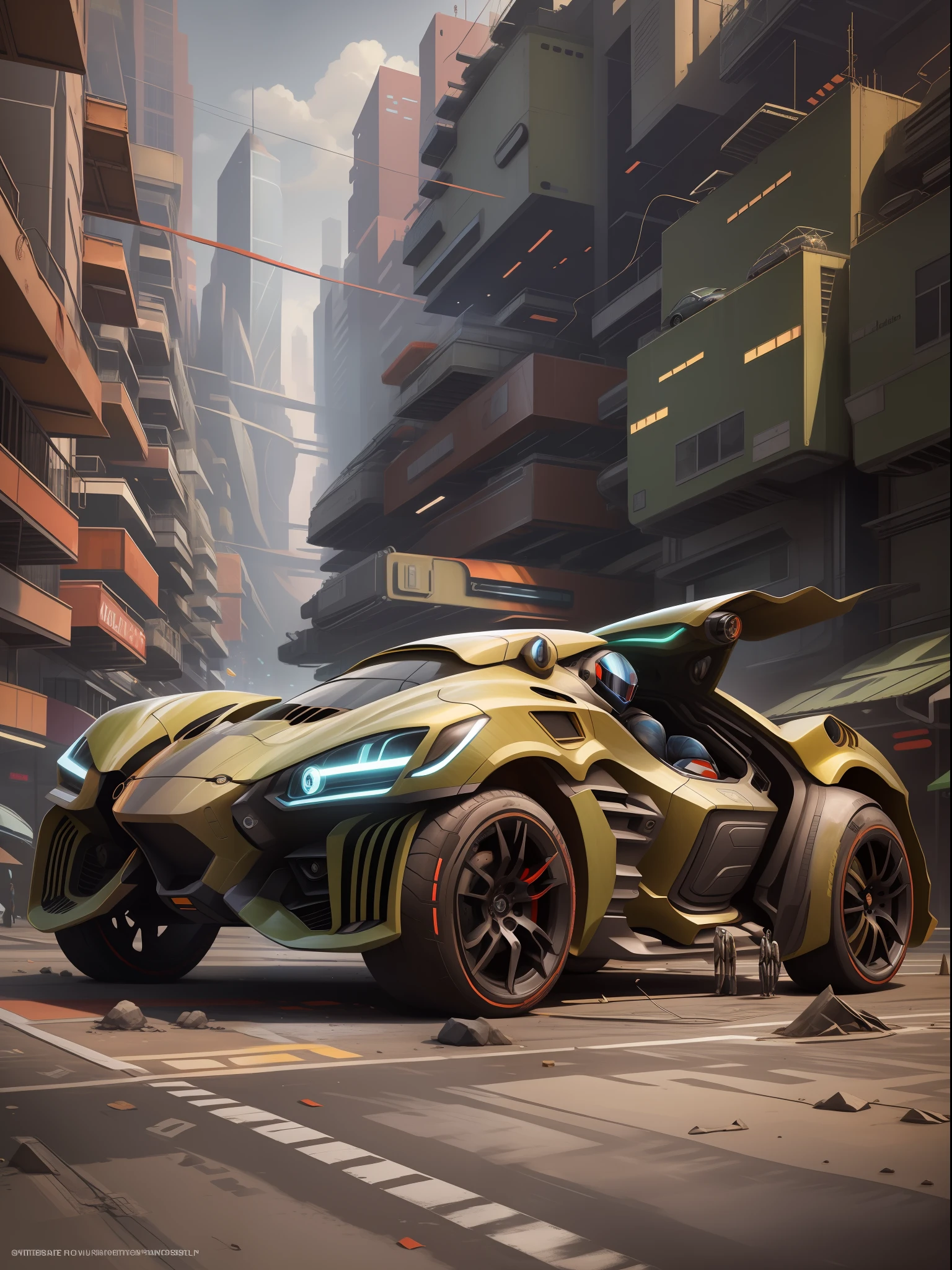 A futuristic sports car on the street of a futuristic city