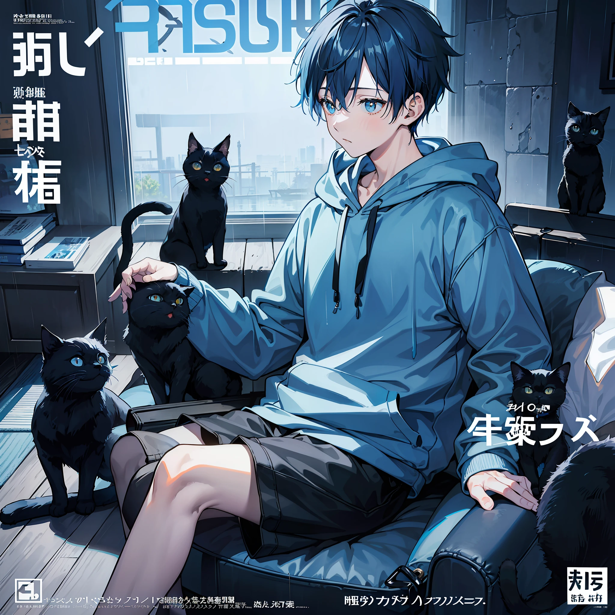 masterpiece, best quality, full body, (1boy), (blue hoodie), (Boy Messy Japanese Round Haircut for Thick Hair), (blue hair), (black shorts), (solo), (magazine:1.3), (cover-style:1.3), fashionable, rain, (One black cat nearby)