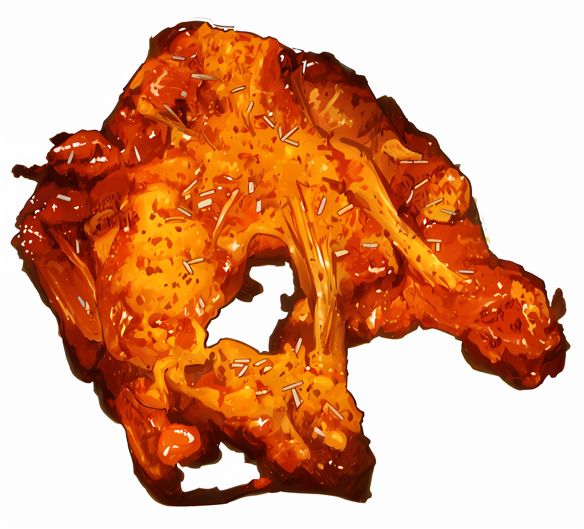 There is a drawing of food,down view, Highly detailed, Chicken skeleton, brittleness. Digital painting, A digital rendering, Mandel ball vector art, Meat texture, Yum, A digital rendering, Fried chicken, mustafar, digital art - w 640, super realistic food picture, true realistic image