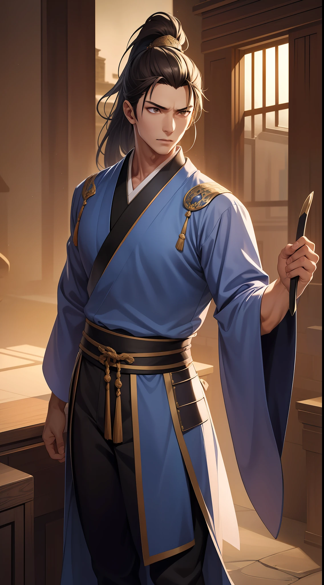 quadratic element,style of anime,mtu(Male Warrior),The proportions are correct,Face details,swordsmen,High ponytail hairstyle,Neck details,There is an Adam's apple,Black Hanfu,kaftan,black toga,clothes details,Handing over,longer sleeves,Game quality,Swordsmanship,Light and shadow tracking,Ray traching,detailed glow,cg render,hair detail,cabelos preto e longos,Black ㇏ eyes,Handsome,Handsome,(juvenile sense),Clothing is complicated,Perfectcomposition,Refinement,high qulity,higher details,Lots of details,The background is complex,a sense of atmosphere,