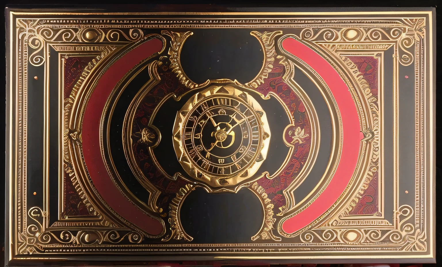 Close-up of gold and red belt buckle with clock, detailed photo of an album cover, victorian playing card, opulent, baroque, very detailed bd cover, intricate carvings, ornate border + concept-art, 8k highly detailed ❤️🔥 🔥 💀 🤖 🚀, Official artwork, luxury journal cover, set in 1 8 5 0, author:Gabriel Bar
