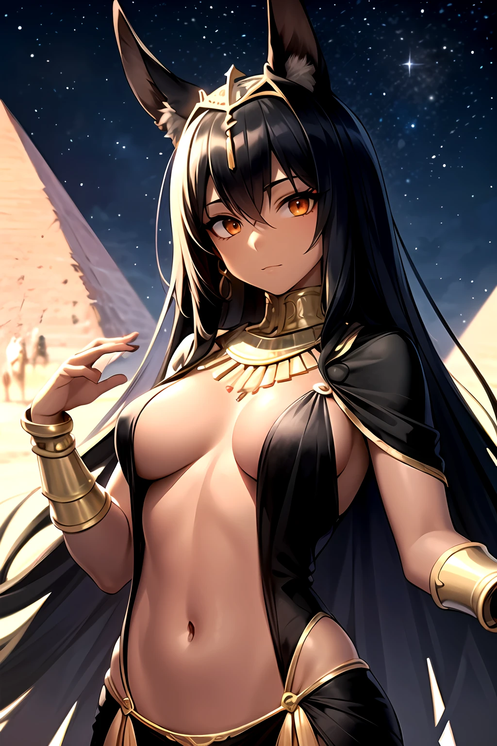 ((4k,masterpiece,best quality, ultra detailed)), 1girl, Anubis, black skin, very tan skin, very dark skin, long black hair, black jackal ears, black eyeliner, orange eyes, calm, mature, gold collar necklace with dark green beryl accents