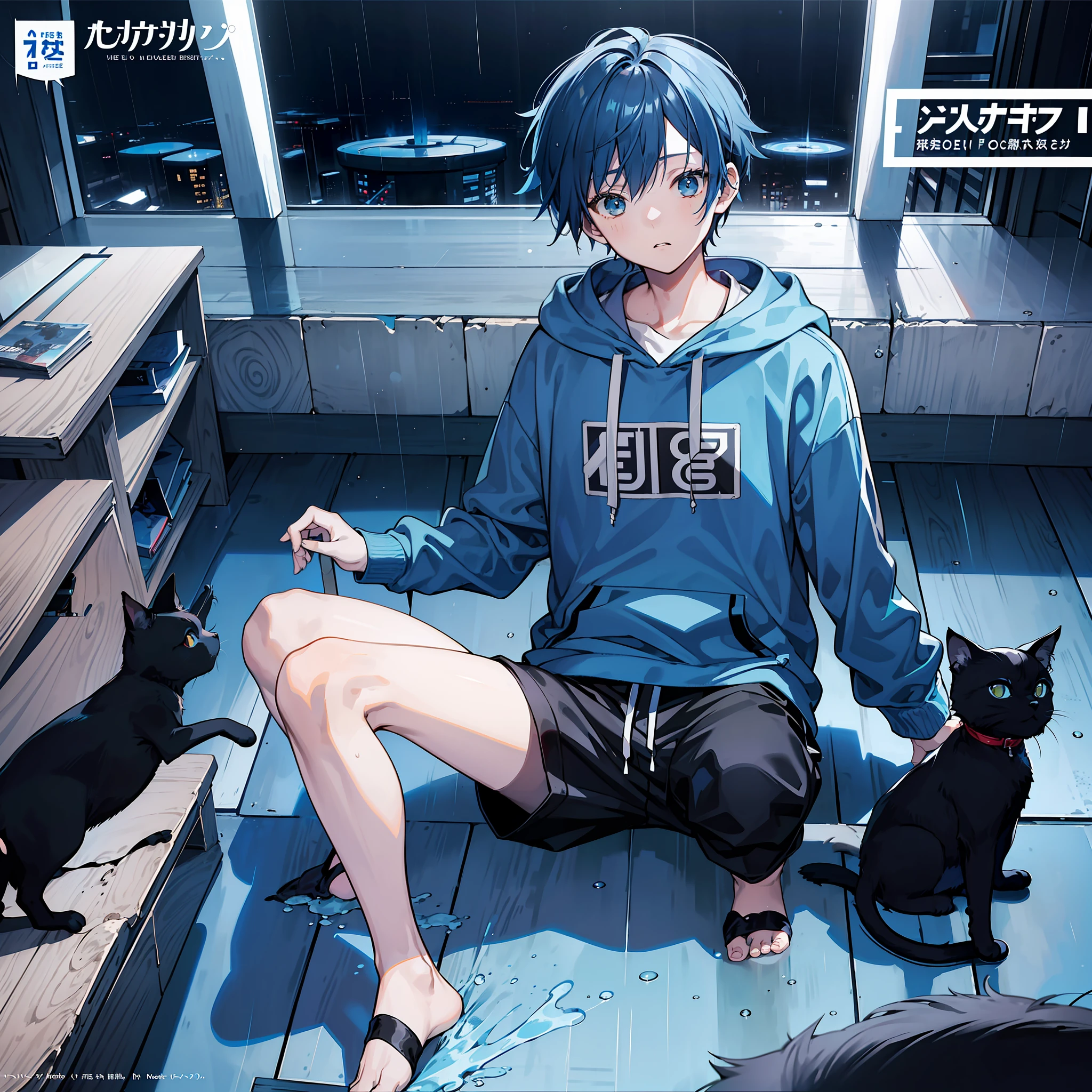 masterpiece, best quality, full body, (1boy), (blue hoodie), (Boy Messy Japanese Round Haircut for Thick Hair), (blue hair), (black shorts), (solo), (magazine:1.3), (cover-style:1.3), fashionable, rain, (One black cat nearby)