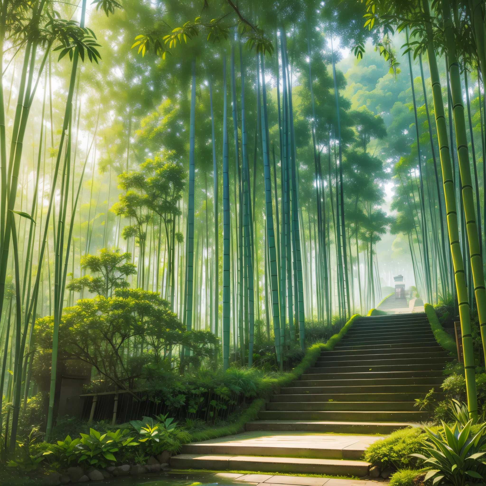 Pure landscape view、bamboo forrest、It was raining in the bamboo forest、bamboos、Bamboo leaves fall everywhere、Beautiful artistic conception、Green、The steps are clearly visible、China-style、Chinese characteristics