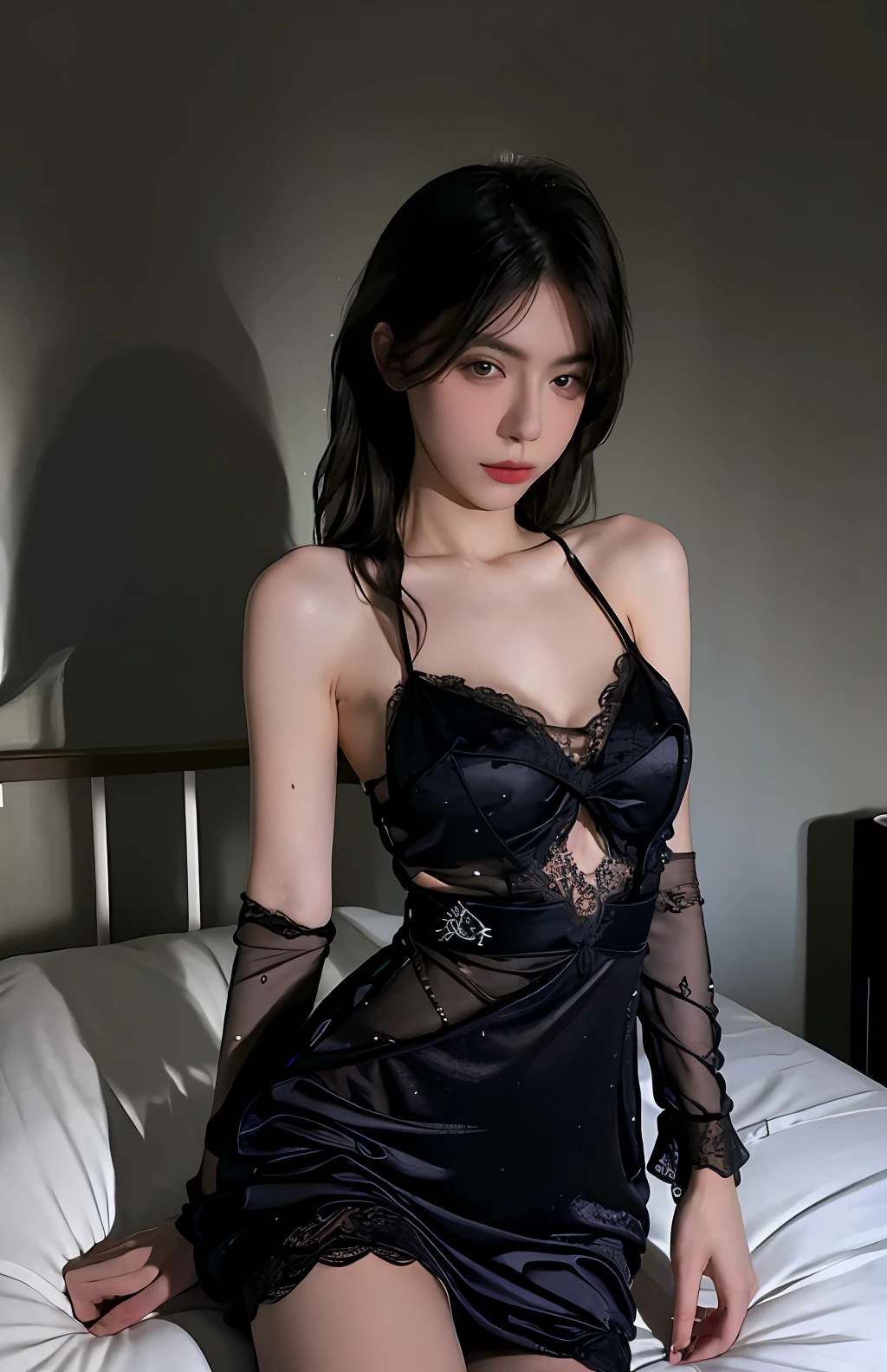 Best quality, masterpiece, ultra high res, (photorealistic:1.4), raw photo, 1girl, ((black lace nightgown)), ((small breast)), cold light