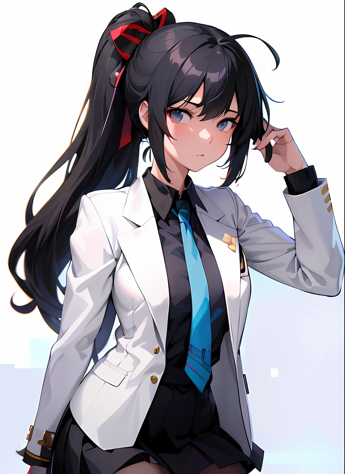 Anime girl with long black hair in white jacket and blue tie, anime moe art style, Smooth Anime CG Art, Official Character Art, anime style 4 k, Fine details. girls' frontline, from girls frontline, girls frontline style, Detailed Digital Anime Art, artgerm and atey ghailan, beautiful anime high school girl, detailed anime character art