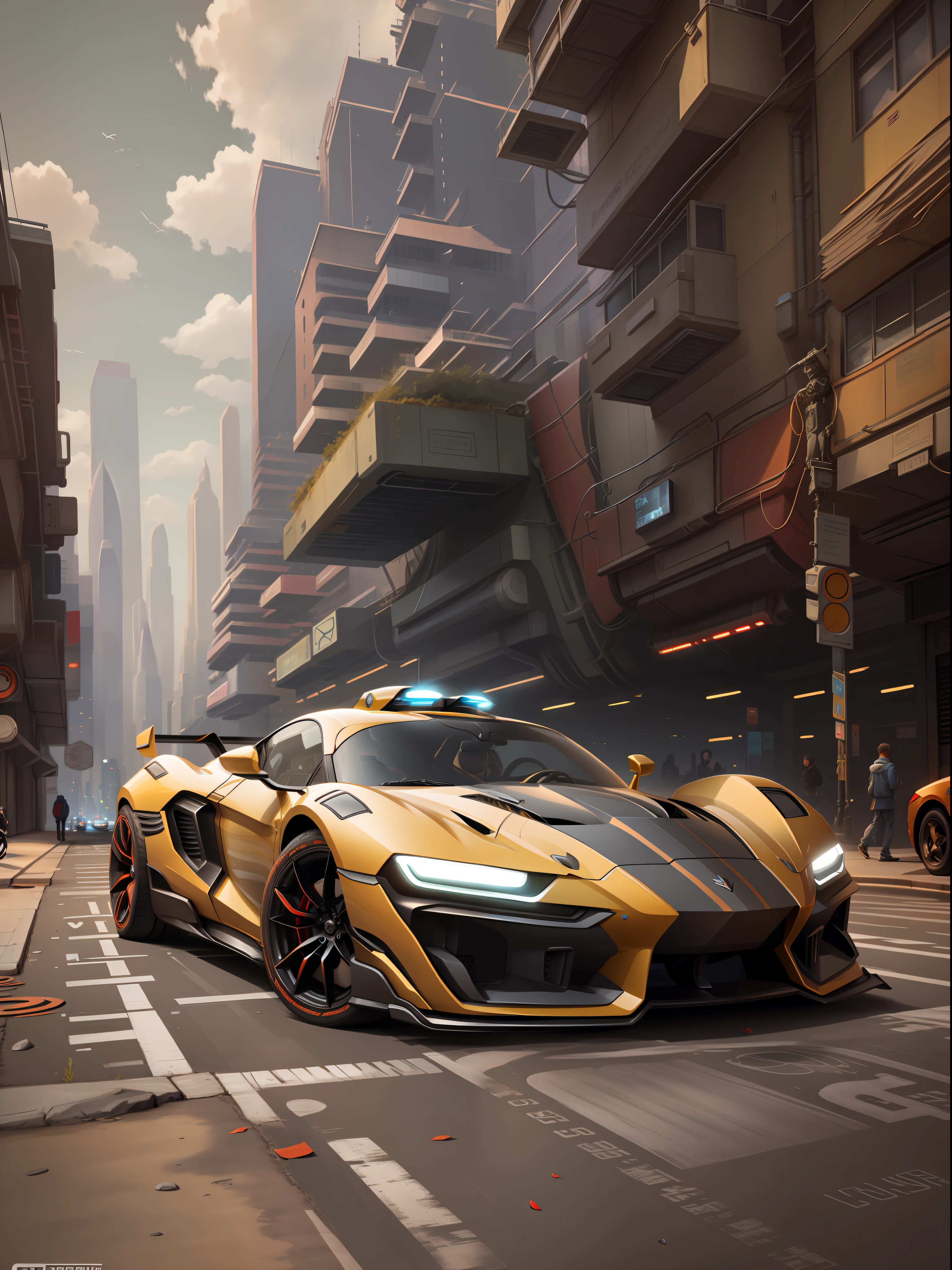 A futuristic sports car on the street of a futuristic city