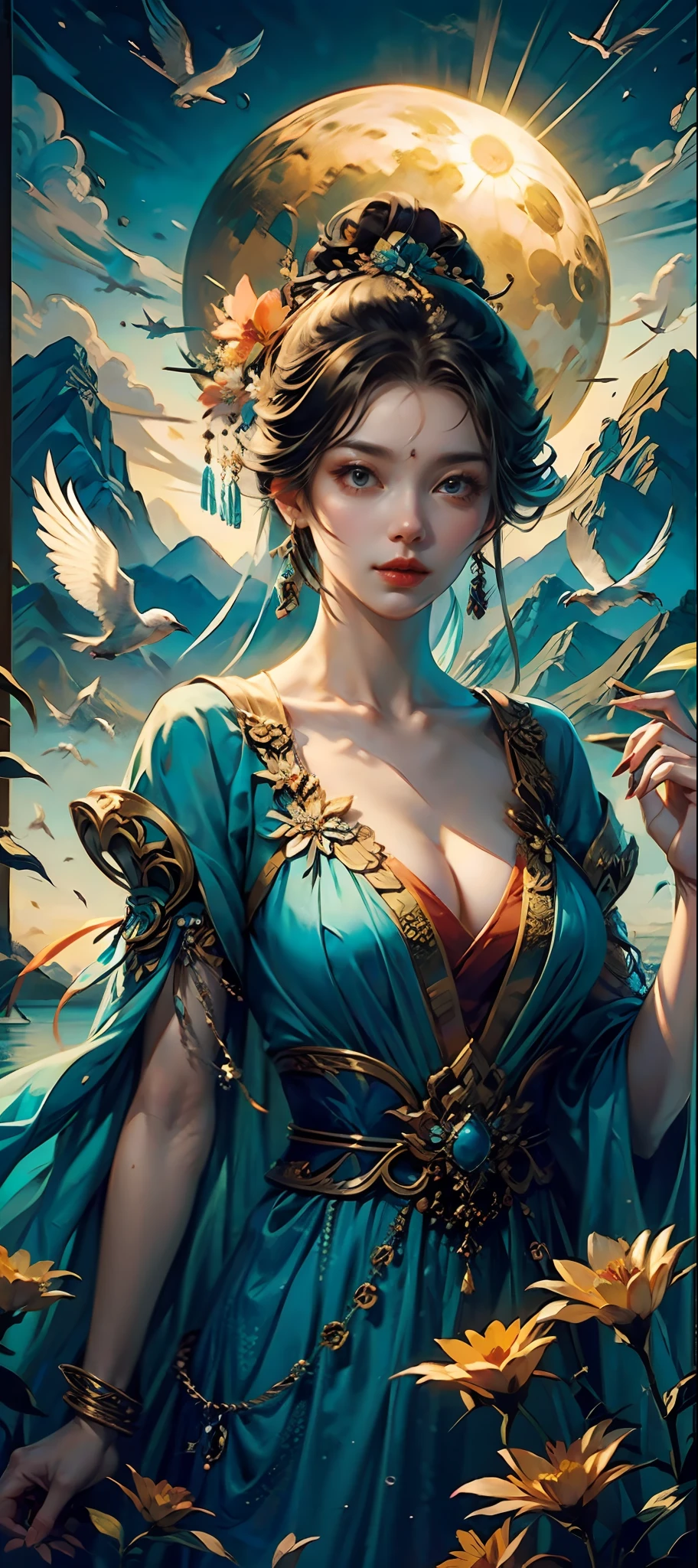 offcial art,Chinese goddess,Stand in the midst of a magnificent landscape,The sun overhead,Dressed in gorgeous fairy costumes,closeup ,Fold your hands,Overlooking the mountains,The lake is turquoise。Birds sing,Flowers bloom,(Extremely detailed:1.4),tmasterpiece,super-fine,best qualtiy,8K分辨率,