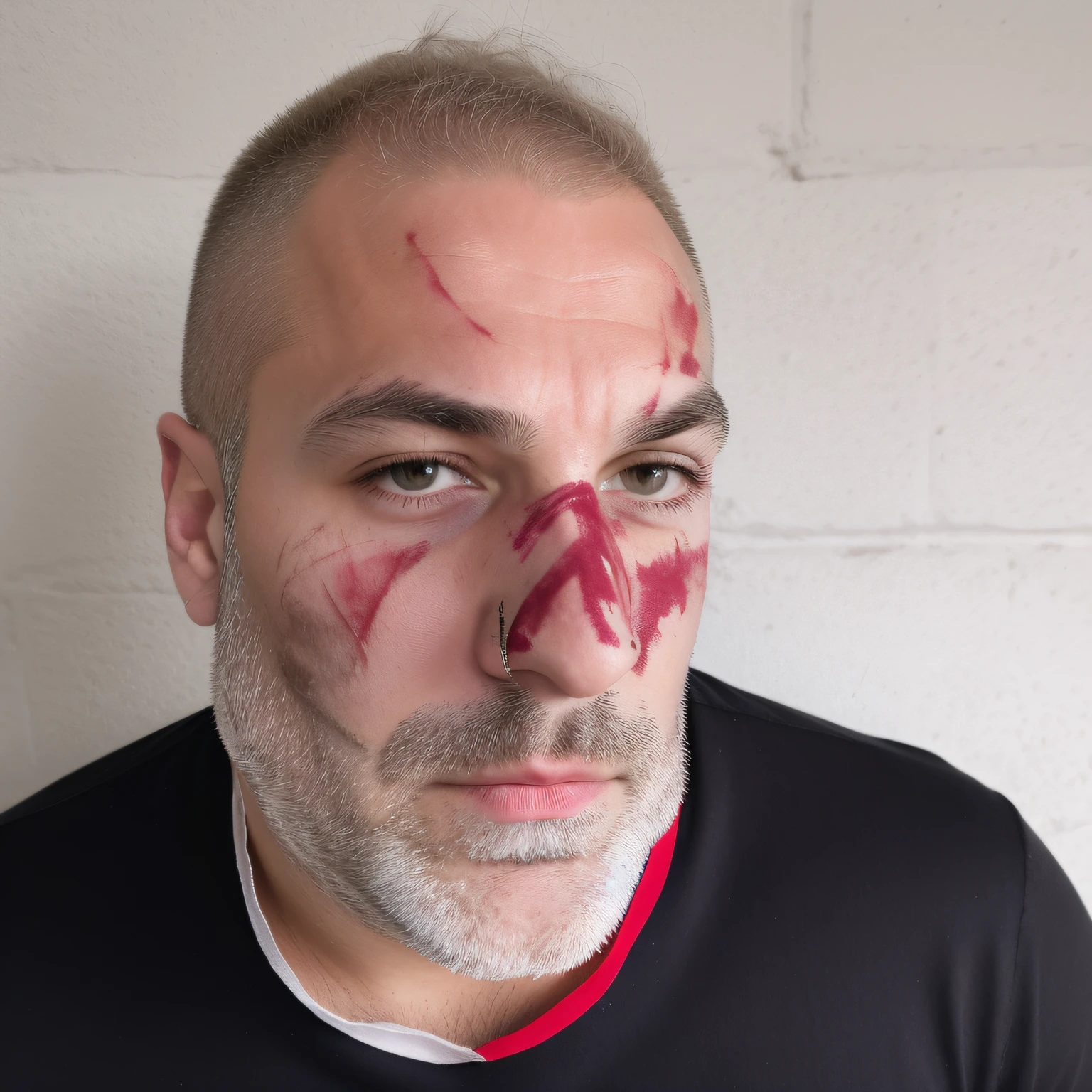 arafed man with a bruised nose and a black shirt, bandaged nose, scar across the nose, scar across nose, sharped nose, prosthetic makeup, big gash on face, failed cosmetic surgery, crooked nose, clean brutal blooded face, small upturned nose, bulbous nose, snub nose, roman nose, man with thin lines on the face