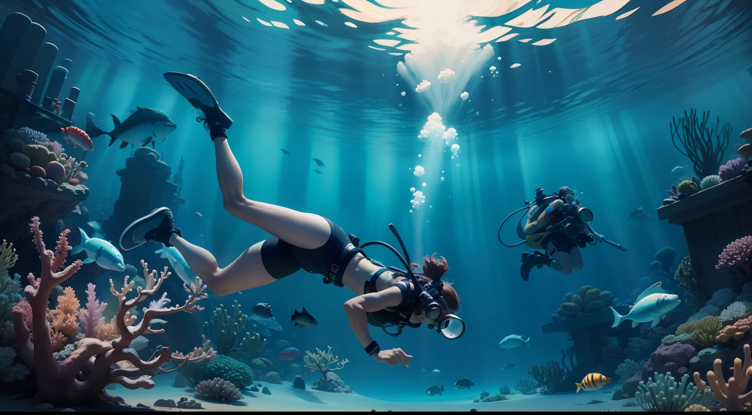 Divers dive under the sea,fully body photo,The picture should be clear