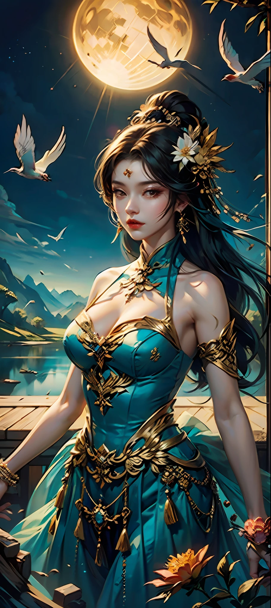 offcial art,Chinese goddess,Stand in the midst of a magnificent landscape,The sun overhead,Dressed in gorgeous fairy costumes,closeup cleavage,Fold your hands,Overlooking the mountains,The lake is turquoise。Birds sing,Flowers bloom,(Extremely detailed:1.4),tmasterpiece,super-fine,best qualtiy,8K分辨率,Golden-red most