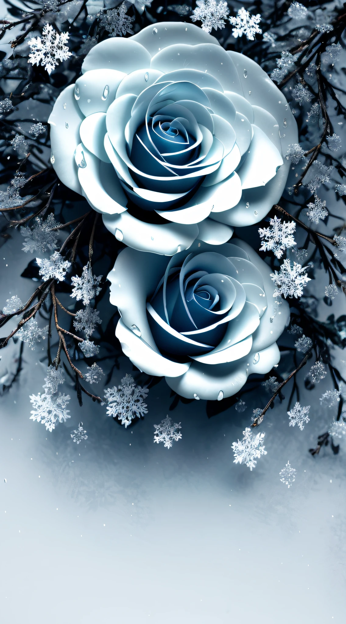 White snowflakes,drippy(Gradient: Black roses)),4K,glowing delicate flower,There are branches and leaves