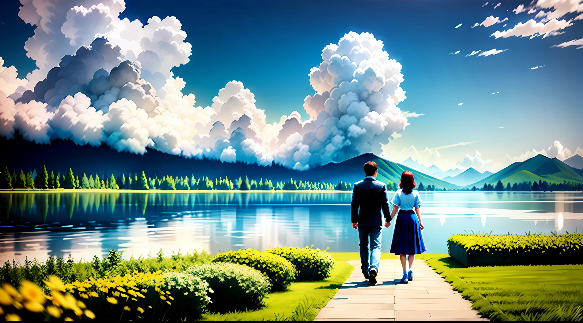 Harmonious composition,Couple frontal,taking a walk,lakeside。morning,with blue sky and white clouds