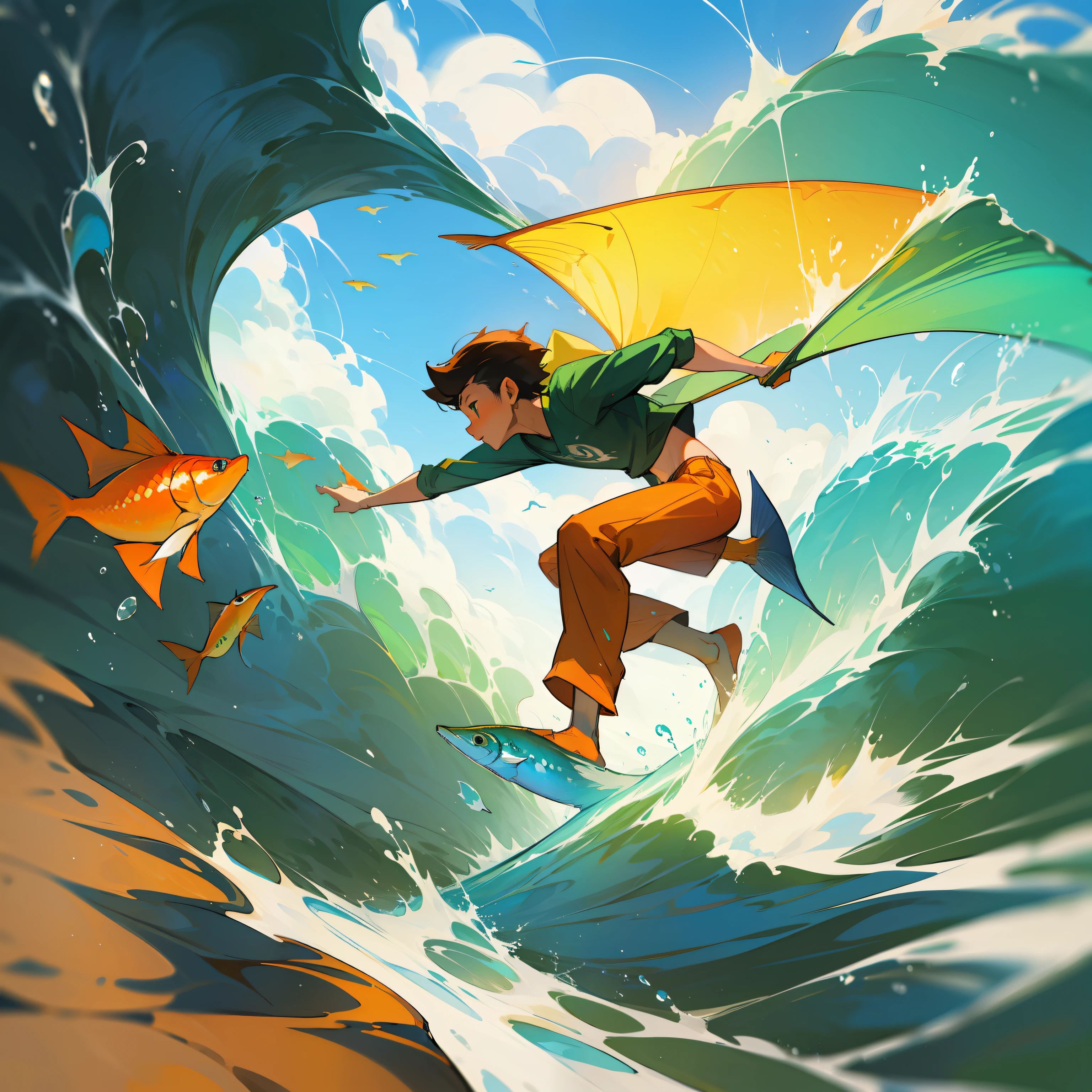 boy wearing a green shirt and orange pants riding a fish, a lot of small fish flying, a boy riding a fantasy fish on a blue wave in the ocean, concept art of a single boy surfing with fantasy fish, complex composition, beautiful composition