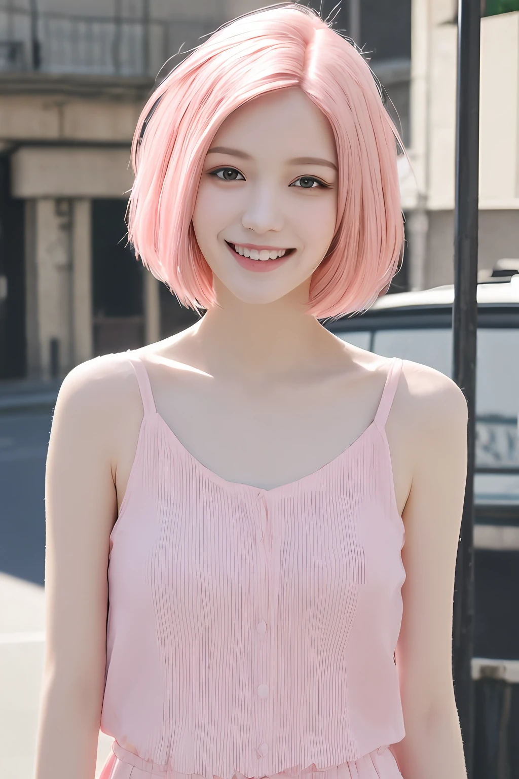 masterpiece, 1girl, solo, high resolution, soft lighting, cinematic angle, slender, slim, beautiful eyes, pretty face, 18 age, smile,
(short hair:1.3), hair to shoulder, (pink hair:1.3),
full body, street, outdoors, sunny day