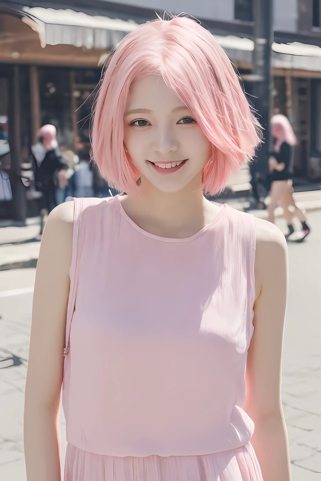masterpiece, 1girl, solo, high resolution, soft lighting, cinematic angle, slender, slim, beautiful eyes, pretty face, 18 age, smile,
(short hair:1.3), hair to shoulder, (pink hair:1.3),
full body, street, outdoors, sunny day