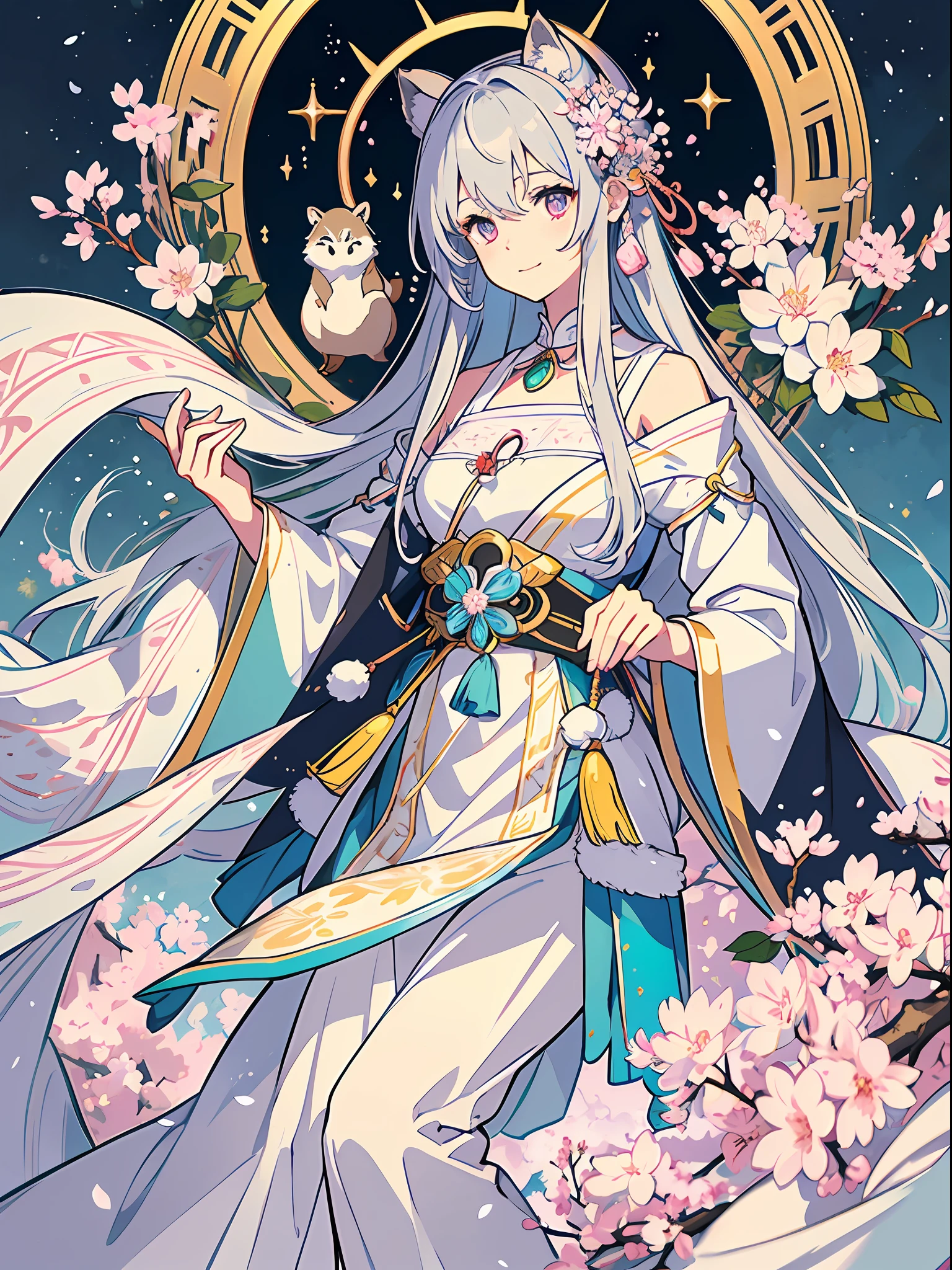 ((8K、​masterpiece、top-quality))、Sumi-e、ink and watercolor painting、Witches、Silver eyes、Silvery hair、Eyes that are sucked in、A charming smile、Traditional costumes、Tanuki ears、racoon tail、Beautiful light reflection、lensflare、Seasonal geometric patterns、((Sakura blizzard))、hortensia、Colored leaves、Snowflake、natural、the golden ratio、pastels、Soothing、Soft tones、Detailed drawing、Precision drawing