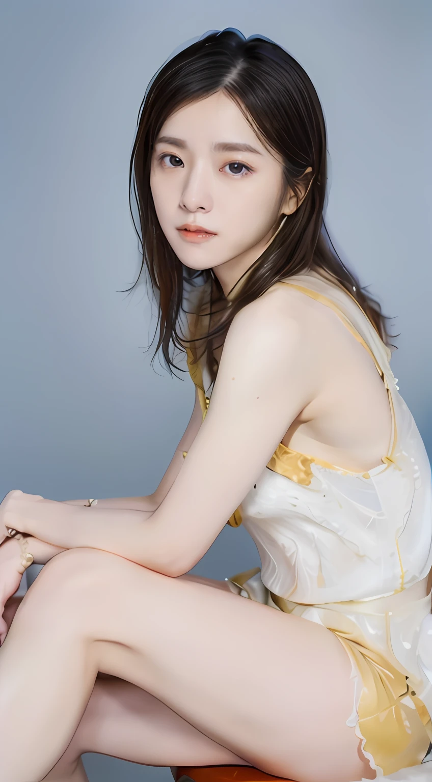 1 girl in(8K、Raw photography、top-quality、masterpiece:1.2)、(realisitic、realisitic:1.37)、ultra-detailliert、Full body shot、realistic eyes and face details、natural skin textures、Dark eyebrows、(((thighs thighs thighs thighs、cross one's legs、Shoulder out、Upper arm、decolletage)))、Fair skin、A detailed face、真实感、Realistic background、Realistic lighting、Sweaty skin