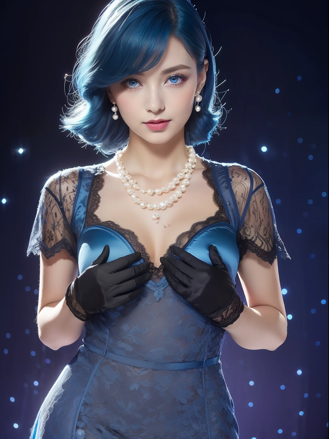 (masterpiece:1.4, best quality), (intricate details), unity 8k wallpaper, ultra detailed, beautiful and aesthetic, (photo)perfect lighting, (1girl),((blue hair, blue eyes:1.3, medium breasts)), dynamic pose, dynamic angle, lipstick, slim, slim body, detailed background, realistic, solo, perfect detailed face, detailed eyes, highly detailed, blush, hair ornament, (Vintage_lace_dress:1.5),(Pearl_necklace:1.4),(Satin_gloves:1.3),(Elegant_ballroom_background:1.4),