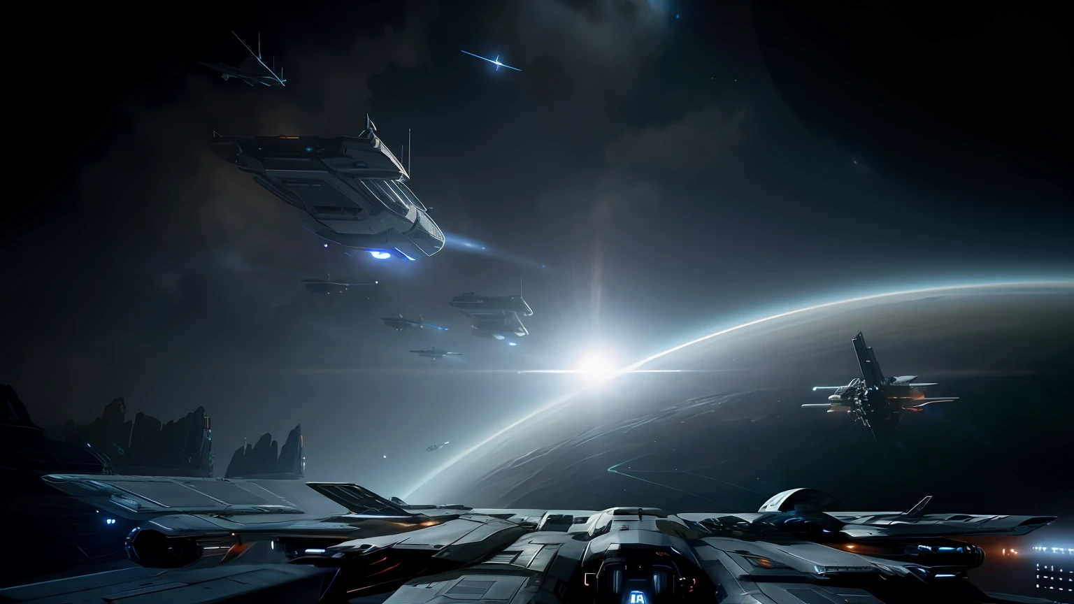 spaceships flying over a space station with a planet in the background, star citizen concept art, star citizen digital art, ominous space battle background, star citizen halo, huge space battle, world of war spaceships, spaceships flying above, star citizen, spaceships flying around, space opera and dystopian style, sci-fi space game art, wide shot of a spaceship battle