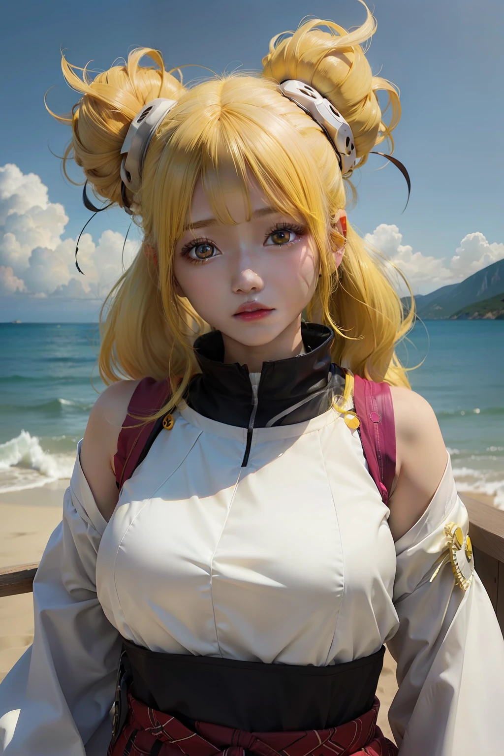1girl, temari, yellow hair, white clothes, yellow eyes, realistic, ultra detail