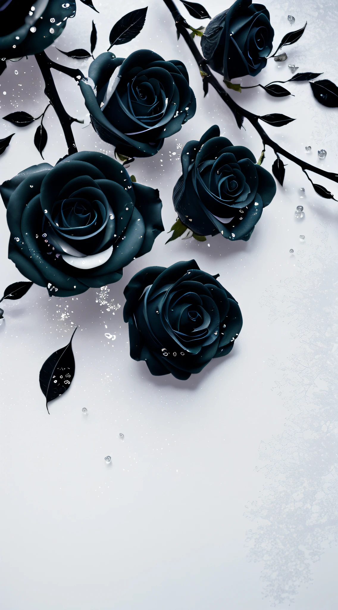 White snowflakes，drippy(Gradient: black roses))，4K,glowing delicate flower,There are branches and leaves