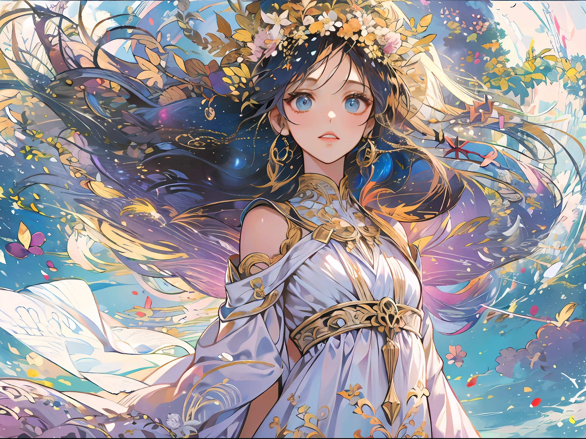 high quality, best quality, masterpiece, detailed portrait of female 1girl, long hair, (floating, space, galaxy, colorful), warm lighting, goddess, galaxy, scenery, multicolored flower crown in hair, {{{best quality}}}, {{ultra-detailed}}, {illustration}, cinematic angle, {detailed light},cinematic lighting, ancient greek dress, celestial, white tunic dress