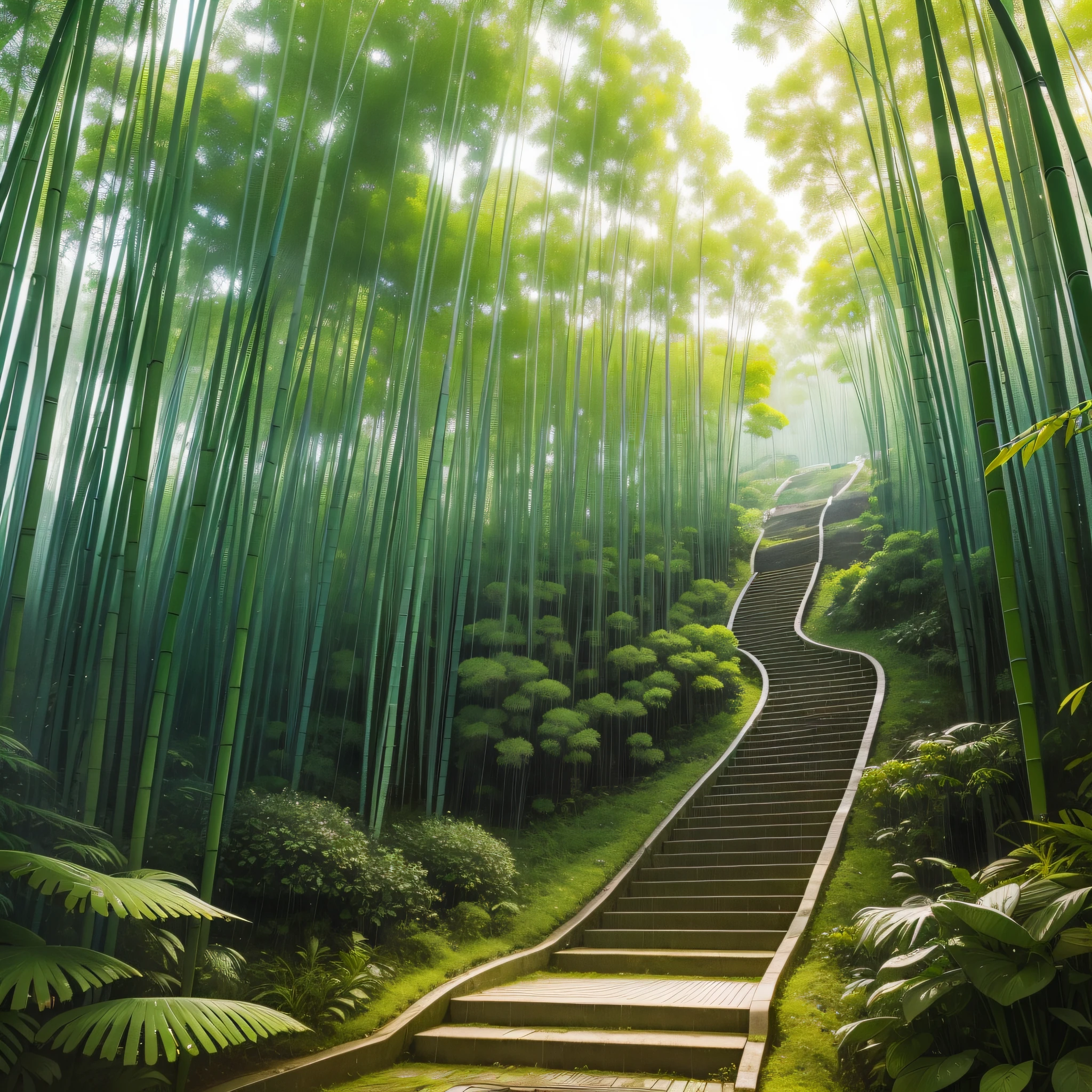 Pure landscape view、bamboo forrest、It was raining heavily in the bamboo forest、bamboos、Bamboo leaves fall everywhere、Green、The steps are clearly visible、China-style、Chinese characteristics