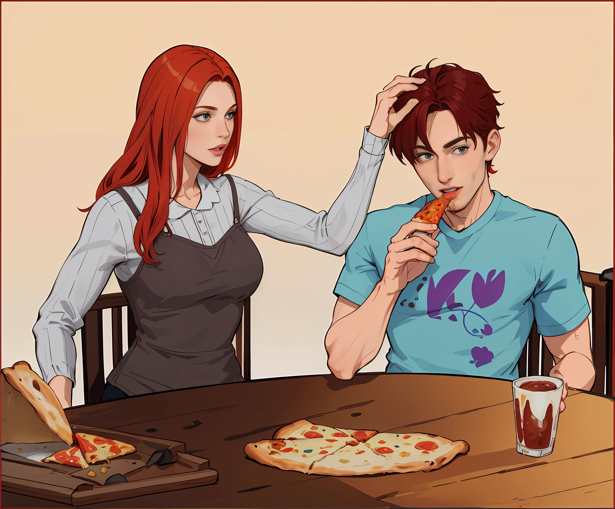 Red-haired mother, homem adolescente cabelo castanho escuro, digital illustation, comendo pizza detalhes intricados 8k toalha na mesa garfo prato copo de suco, fundo cozinha americana