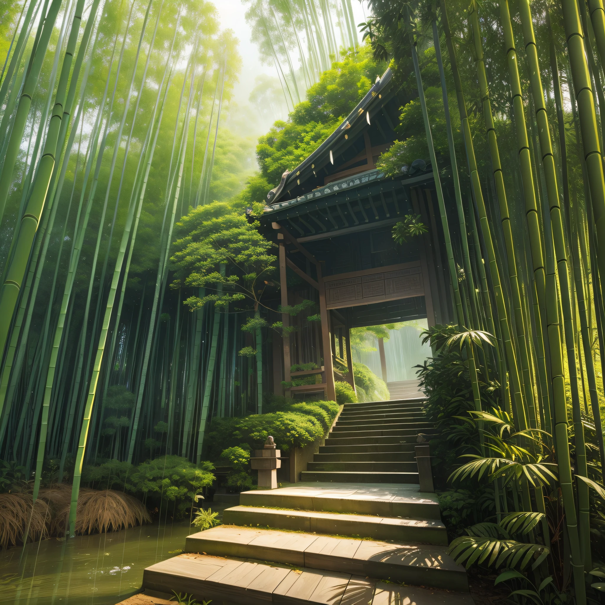 Pure landscape view、bamboo forrest、It was raining heavily in the bamboo forest、bamboos、Bamboo leaves fall everywhere、Green、The steps are clearly visible、China-style、Chinese characteristics
