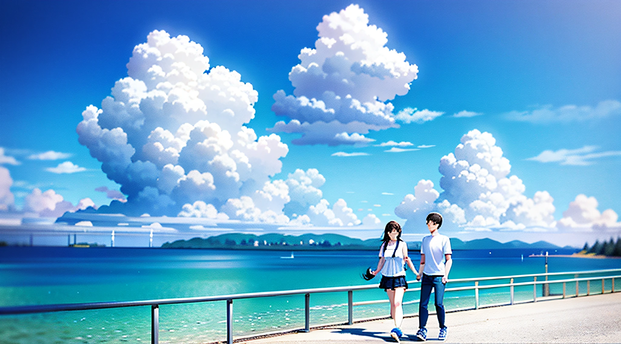 Couple walks towards the camera，taking a walk，lakeside。morning，with blue sky and white clouds