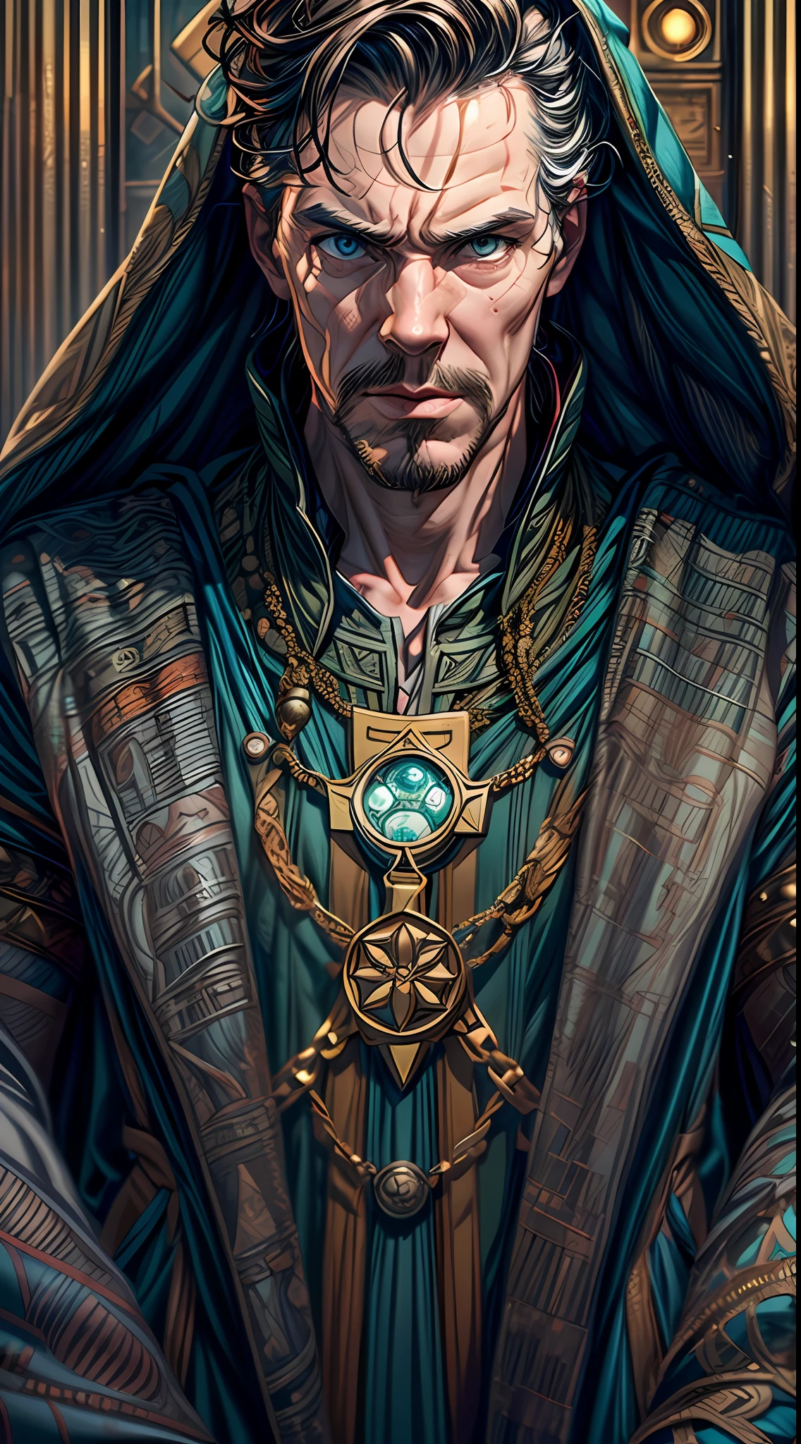 (RAW Photo, Best Quality), (Realistic, Photorealistic Photo: 1.3), Best Quality, Highly Detailed, Masterpiece, Ultra Detailed, Illustration, Marvel Cinematic Universe, Marvel, Doctor Strange + Doctor Doom unique combination, Design an avatar of Benedict Cumberbatch as doctor stranger and his powers looks like Doctor Doom's power, background should be epic, upper body, high detail on dress, Best Quality, Extremely Detailed CG Unified 8k Wallpaper, Ink, Amazing, badass look, portrait, close up (skin texture), intricately detailed, fine details, hyperdetailed.