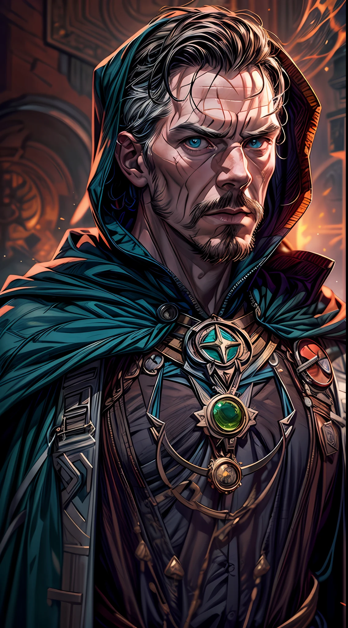 (RAW Photo, Best Quality), (Realistic, Photorealistic Photo: 1.3), Best Quality, Highly Detailed, Masterpiece, Ultra Detailed, Illustration, Marvel Cinematic Universe, Marvel, Doctor Strange + Doctor Doom unique combination, Design an avatar of Benedict Cumberbatch as doctor stranger and his powers looks like Doctor Doom's power, background should be epic, upper body, high detail on dress, Best Quality, Extremely Detailed CG Unified 8k Wallpaper, Ink, Amazing, badass look, portrait, close up (skin texture), intricately detailed, fine details, hyperdetailed.