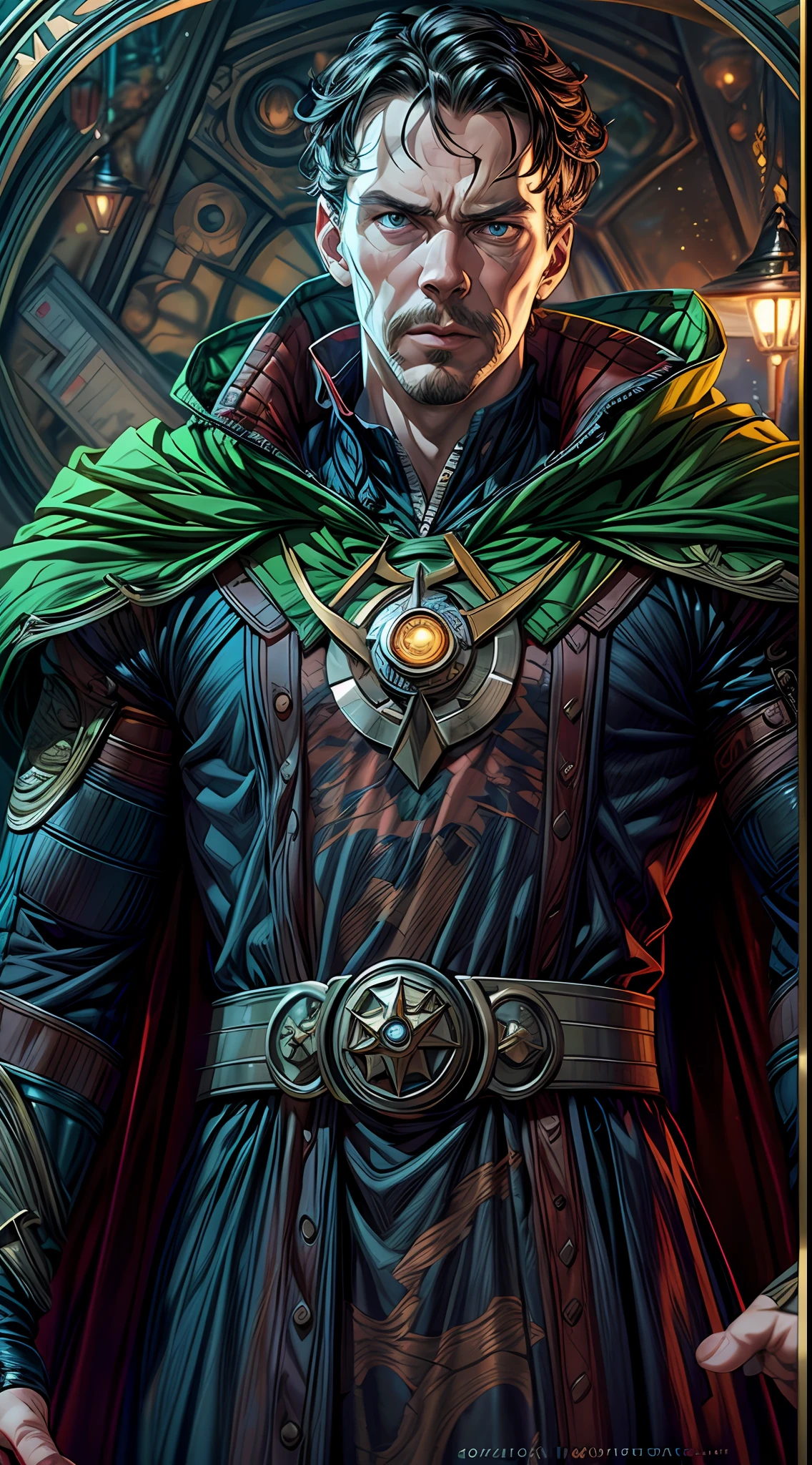 (RAW Photo, Best Quality), (Realistic, Photorealistic Photo: 1.3), Best Quality, Highly Detailed, Masterpiece, Ultra Detailed, Illustration, Marvel Cinematic Universe, Marvel, Doctor Strange + Doctor Doom unique combination, Design an avatar of Benedict Cumberbatch as doctor stranger and his powers looks like Doctor Doom's power, background should be epic, upper body, high detail on dress, Best Quality, Extremely Detailed CG Unified 8k Wallpaper, Ink, Amazing, badass look, portrait, close up (skin texture), intricately detailed, fine details, hyperdetailed.