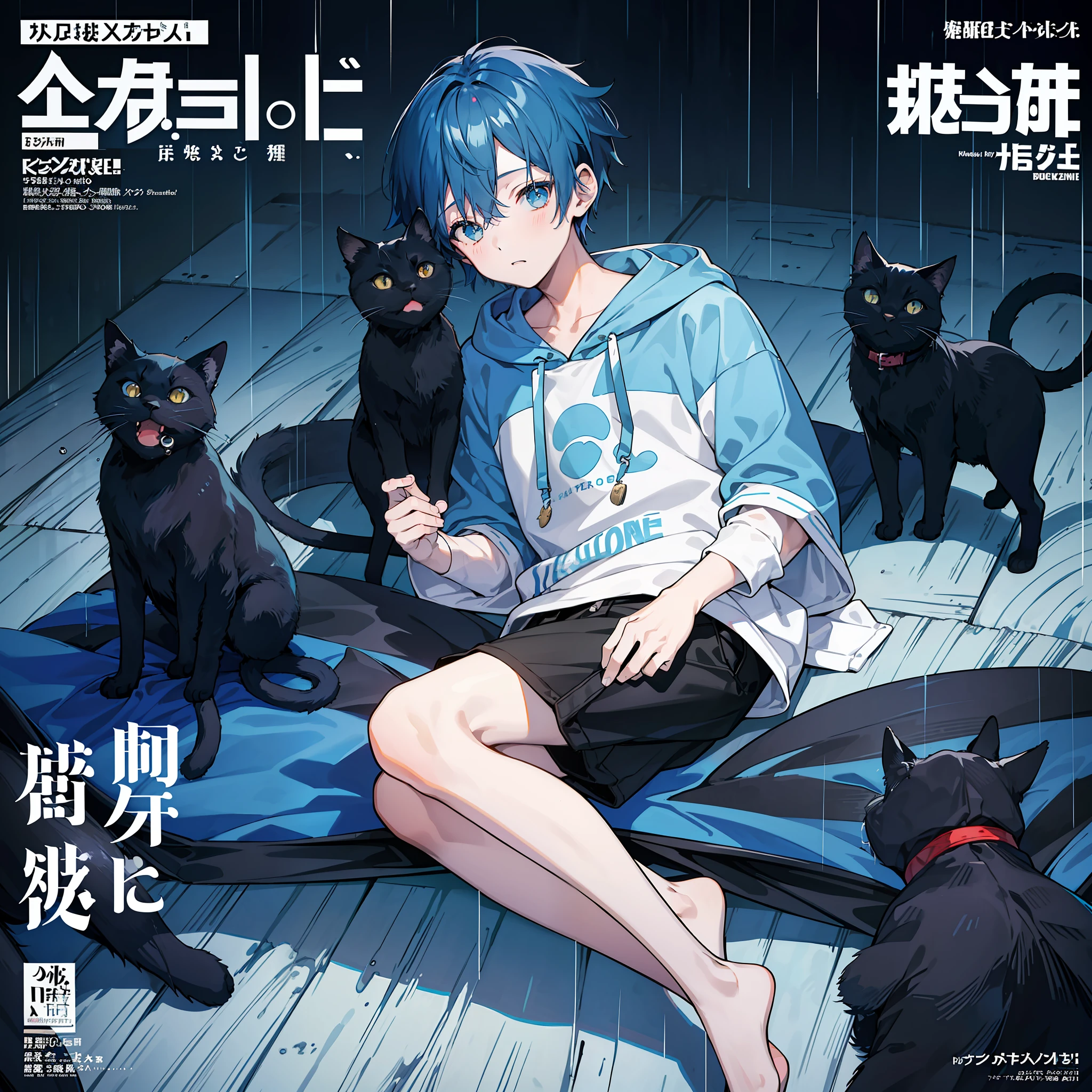 masterpiece, best quality, full body, (1boy), (blue hoodie), (Boy Messy Japanese Round Haircut for Thick Hair), (blue hair), (black shorts), (solo), (magazine:1.3), (cover-style:1.3), fashionable, rain, (One black cat nearby)