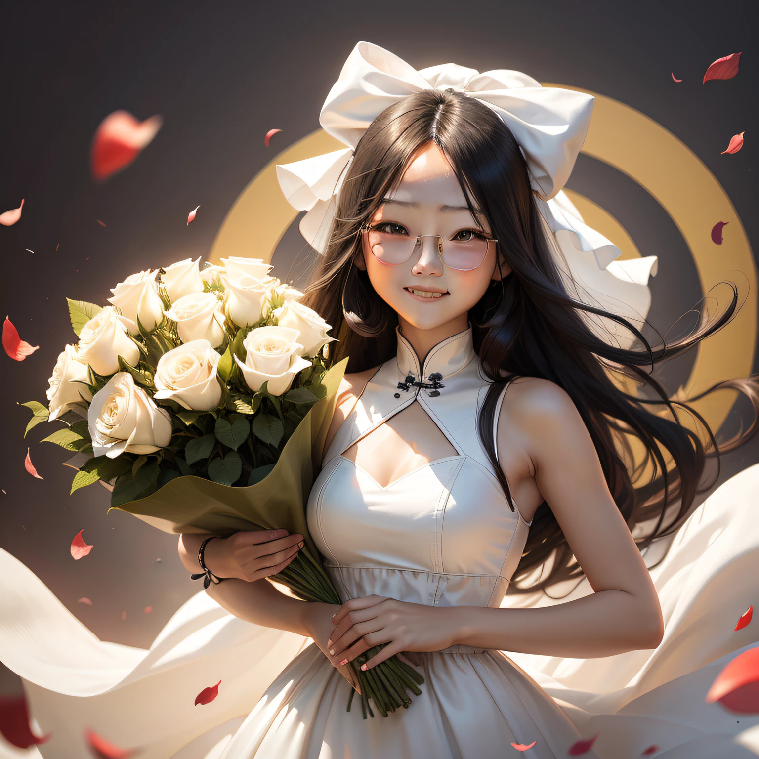 A Chinese girl with long flowing hair, Wearing a long white dress, holding a large bouquet with rose, with a round face, ssmile, crazy eyes, sunglasses, hair bow, light smile, Contemporary art, blending
