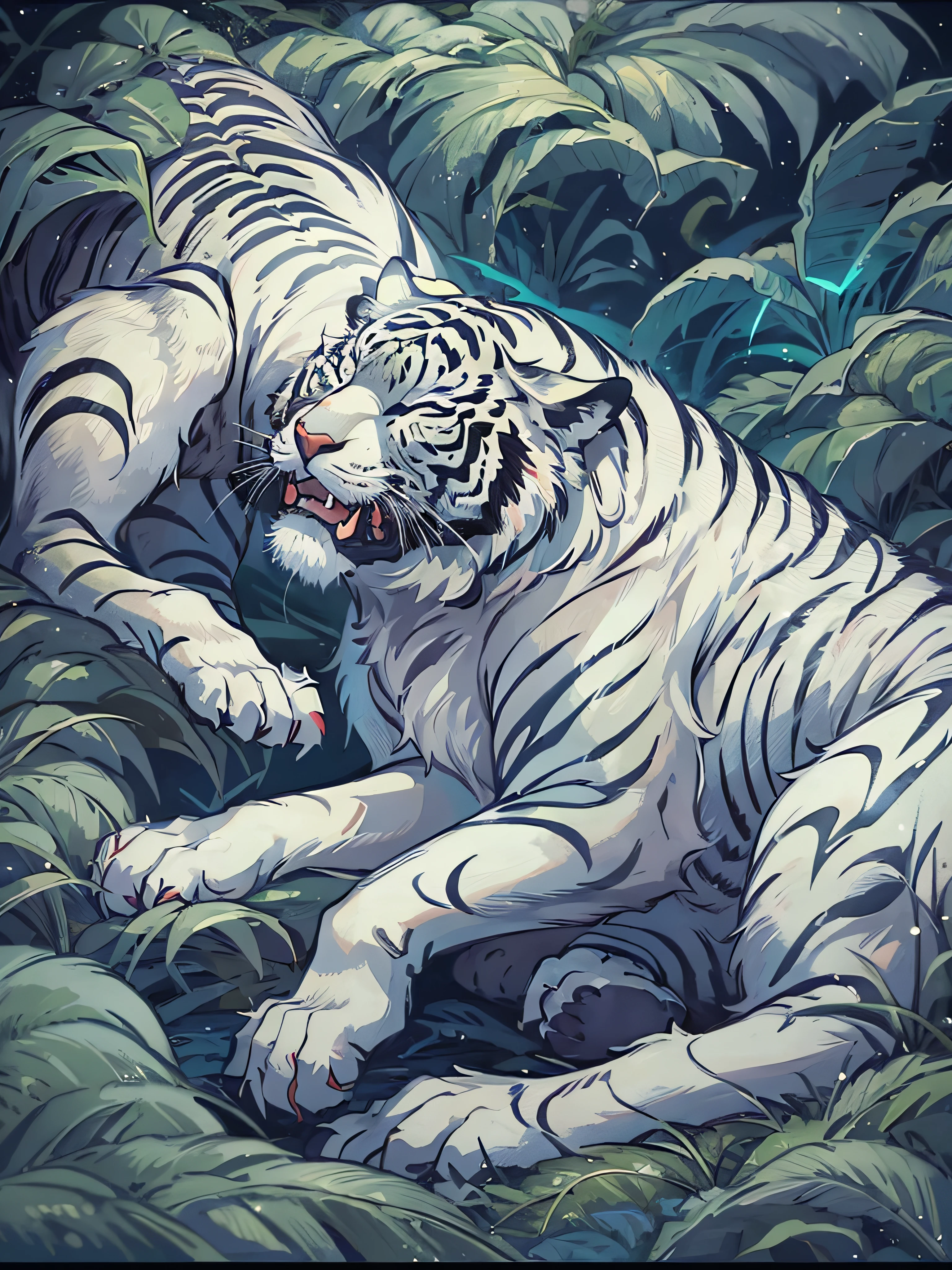Chinese sacred White Tiger, spiritual, monster, sleeping, dark background, blue atmosphere, masterpiece