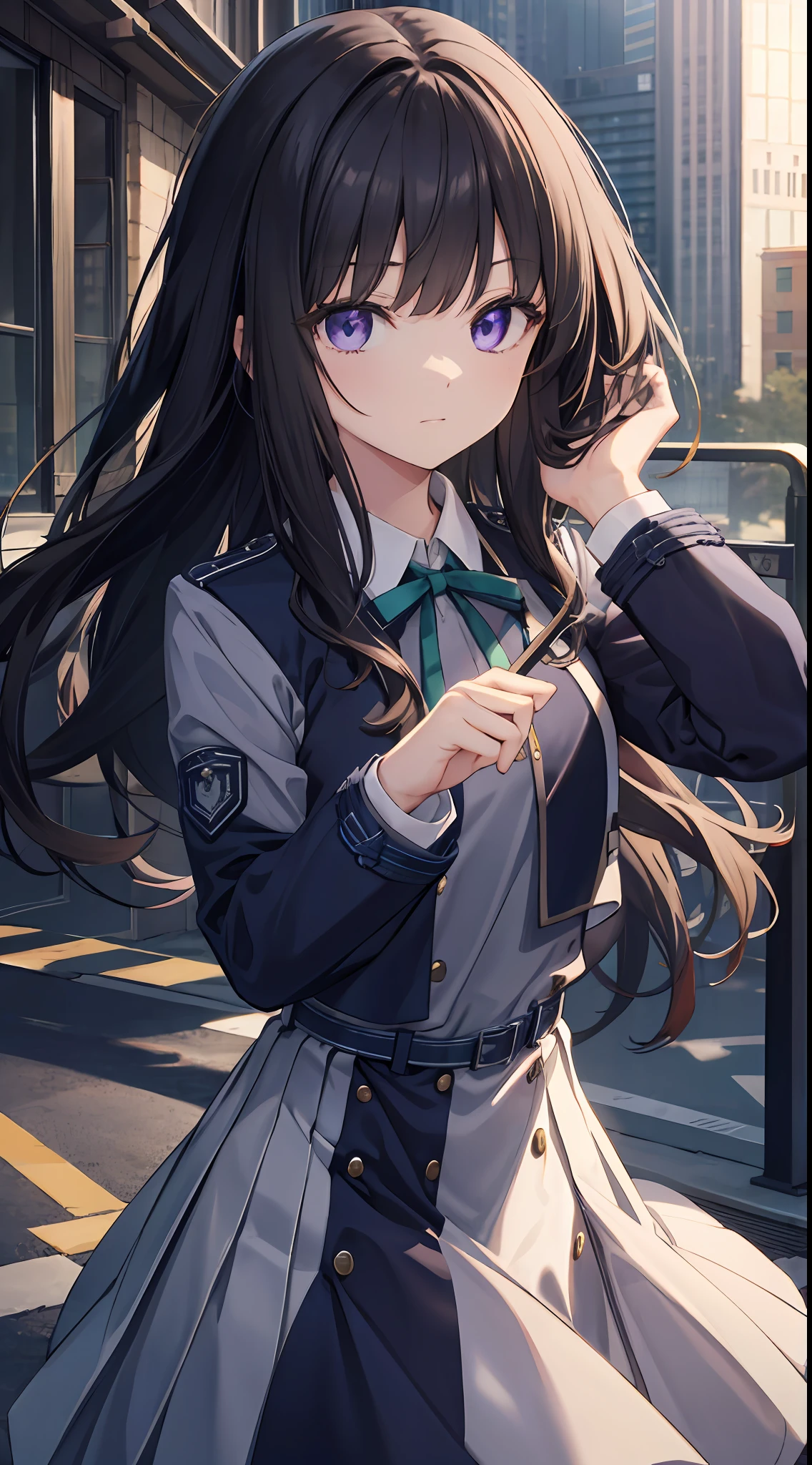 takinainoue, Inoue Takina, Long hair, bangs, Black hair, (Purple eyes:1.2), BREAK  shirt, Long sleeves, dress, ribbon, school uniform, White shirt, Collared shirt, belt, Neck ribbon, Blue dress, Green Ribbon, Pleated dress, grey dress, Two-tone dresses, Blue belt, Lycoris Uniform, BREAK outdoors, City, Break (Masterpiece:1.2), Best quality, high resolution, Unity 8k wallpaper, (illustration:0.8), (Beautiful detailed eyes:1.6), Extremely detailed face, Perfect lighting, Extremely detailed CG, (Perfect hands, Perfect anatomy),