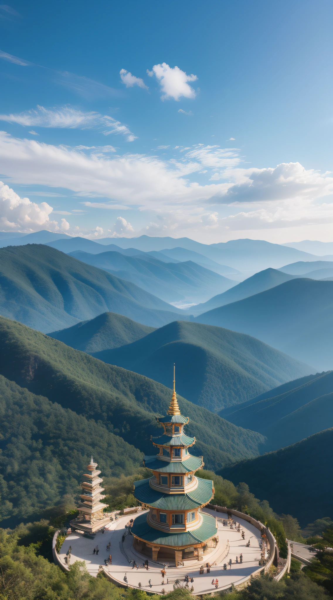 Look down from above,Pavilions,Mountain peaks in the distance,Ancient temple,Lost relics,with blue sky and white clouds,rays of sunshine,Complicated details,Volumetric lighting BREAK(tmasterpiece:1.2), (Best Picture Quality),((A high resolution)) ,4k, ultra-delicate, (dynamic compositions: 1.4), Rich in detail and color, (Irridescent color: 1.2), (with light glowing, Atmospheric lighting)