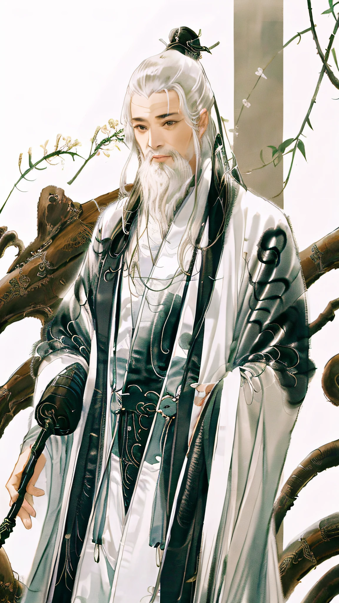 A Chinese ink painting，The painting shows a male Taoist priest wearing a Taoist robe，White hair，Long white beard，The saint holds a whisk of dust。On the table are Taoist objects such as Qi Men Bagua，Stand in front of a traditional Chinese Taoist temple，Wisps of cigarettes wafted in the air。Bamboo trees should be on both sides of the temple。Illustrations should reflect the style of traditional Chinese ink painting。Depicting Taoist monks in the traditional Chinese ink painting style，The essence that evokes the inspiration of Eastern culture and the tranquility of Taoist temples。