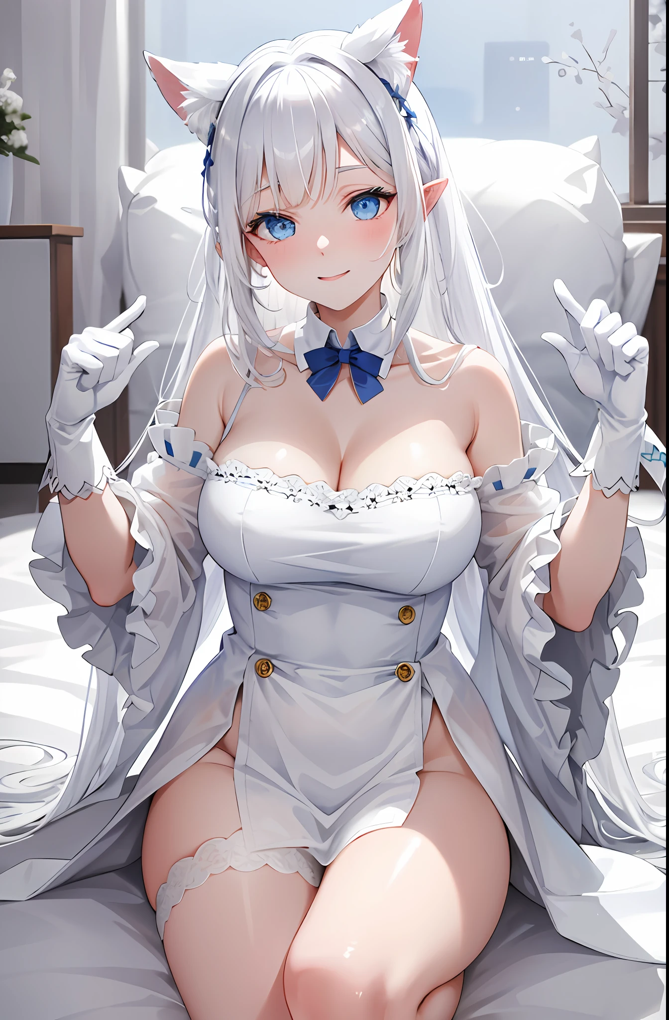 Lazy wind,wide blue eyes,White hair,Dull hair,Beast-eared maiden,White tones,sitted,1girll,Solo,adolable,white dresses,Big hazy eyes,Facial details are exquisite,Beth,onbed,Impeccable,Cute pose,Plush cat's paw gloves,Shy laugh,The complexion is reddish