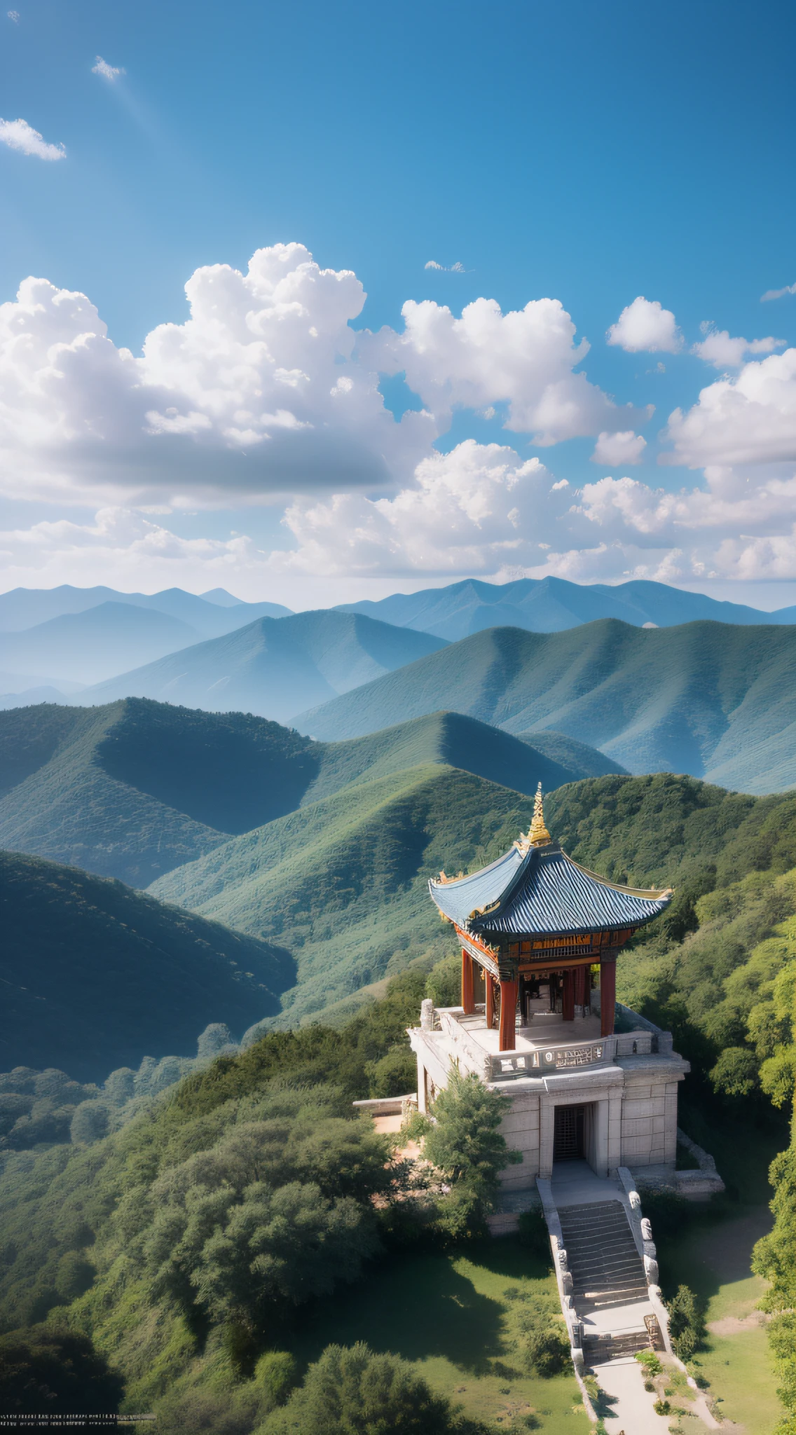 Look down from above，Pavilions，Mountain peaks in the distance，Ancient temple，Lost relics，with blue sky and white clouds，rays of sunshine，Complicated details，Volumetric lighting BREAK（tmasterpiece：1.2）， （Best Picture Quality），（（A high resolution）） ，4k， ultra-delicate， （dynamic compositions： 1.4）， Rich in detail and color， （Irridescent color： 1.2）， （with light glowing， Atmospheric lighting）