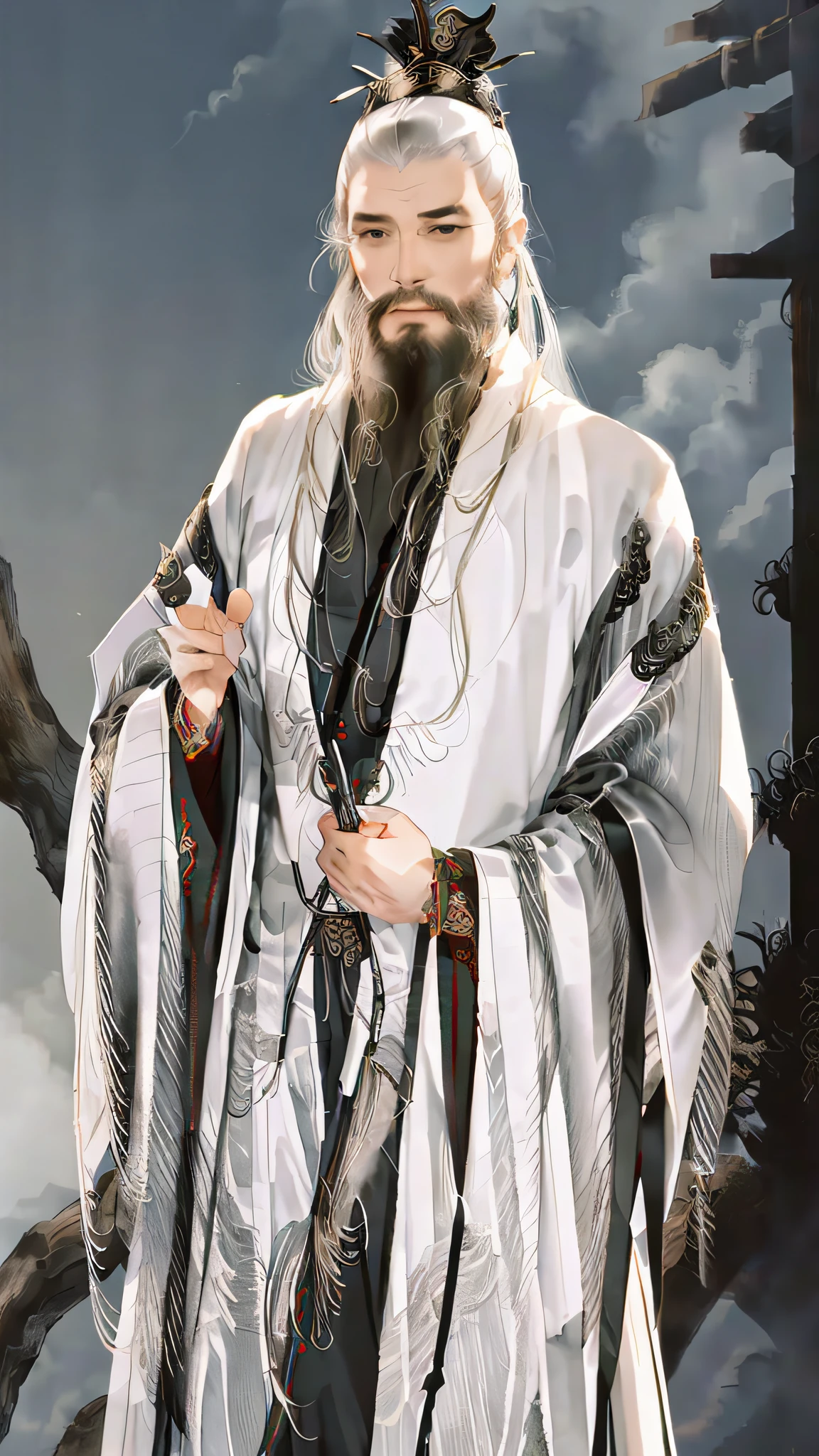 tmasterpiece，Best quality at best，extremaly detailed cg，zen atmosphere，ink wash style，Long beard，1 old man，Taoist uniform，longer sleeves，East word，独奏，Chinese long beard，.ribbons， Clouds， smog， Skysky，