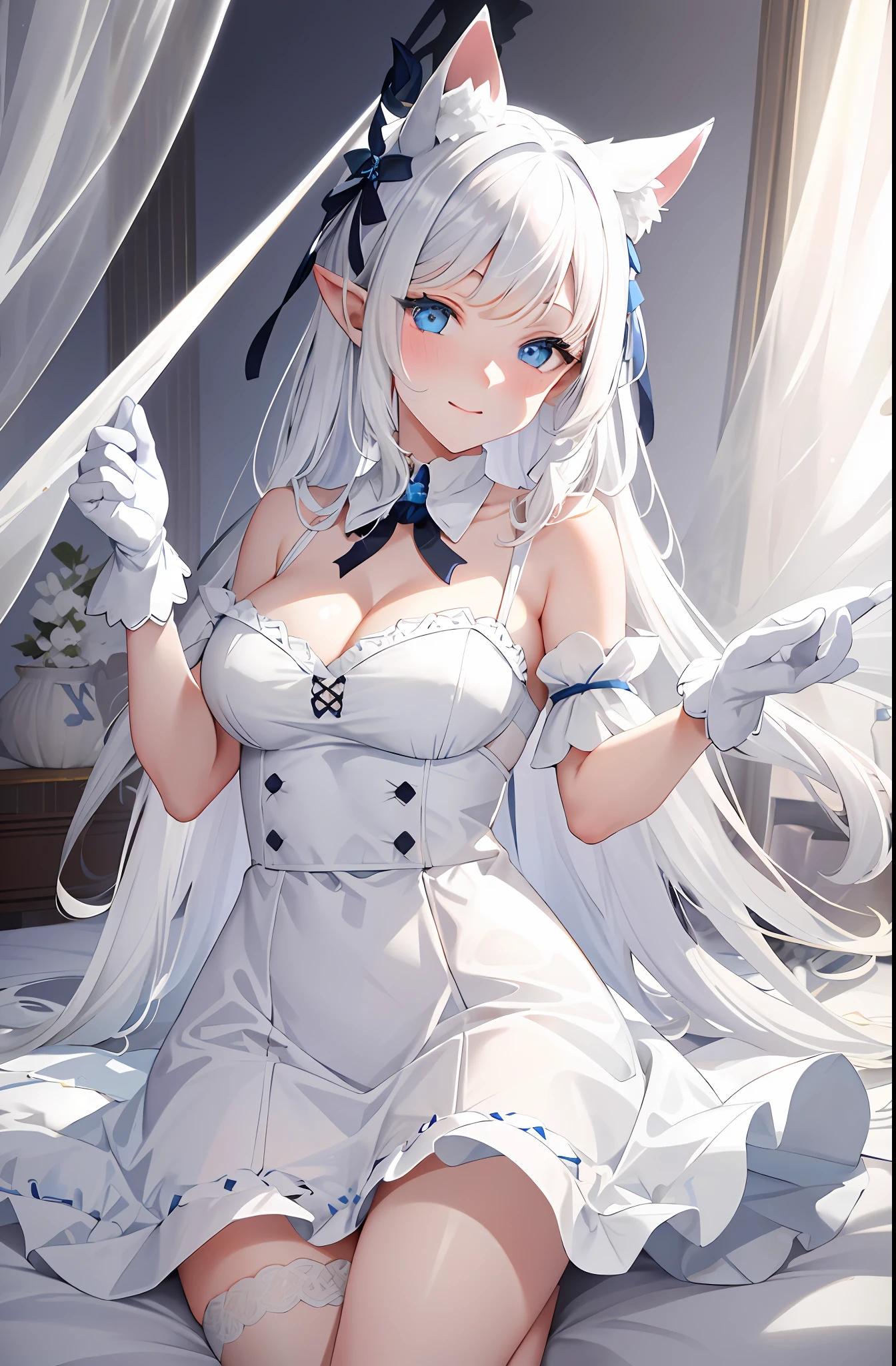 Lazy wind,wide blue eyes,White hair,Dull hair,Beast-eared maiden,White tones,sitted,1girll,Solo,adolable,white dresses,Big hazy eyes,Facial details are exquisite,Beth,onbed,Impeccable,Cute pose,Plush cat's paw gloves,Shy laugh,The complexion is reddish
