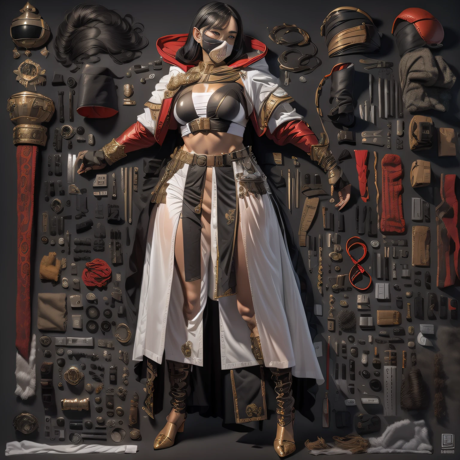 3 d model，Caramel macchiato， arma， The sword， halter， holdingweapon， 32K, Linen cloak, Top quality, Masterpiece:Faust，,1 ， long whitr hair， ​​clouds， On your stomach， （tmasterpiece，k hd，hyper HD，16k）,clutching a sword， buliding， Reflectors， bloods， Eastern Asia， Weapon focus， Skysky， brunette color hair， knifes， trouser， firey，  banya， The clothes ar， bandagens， sword sheath， Masks， 独奏，