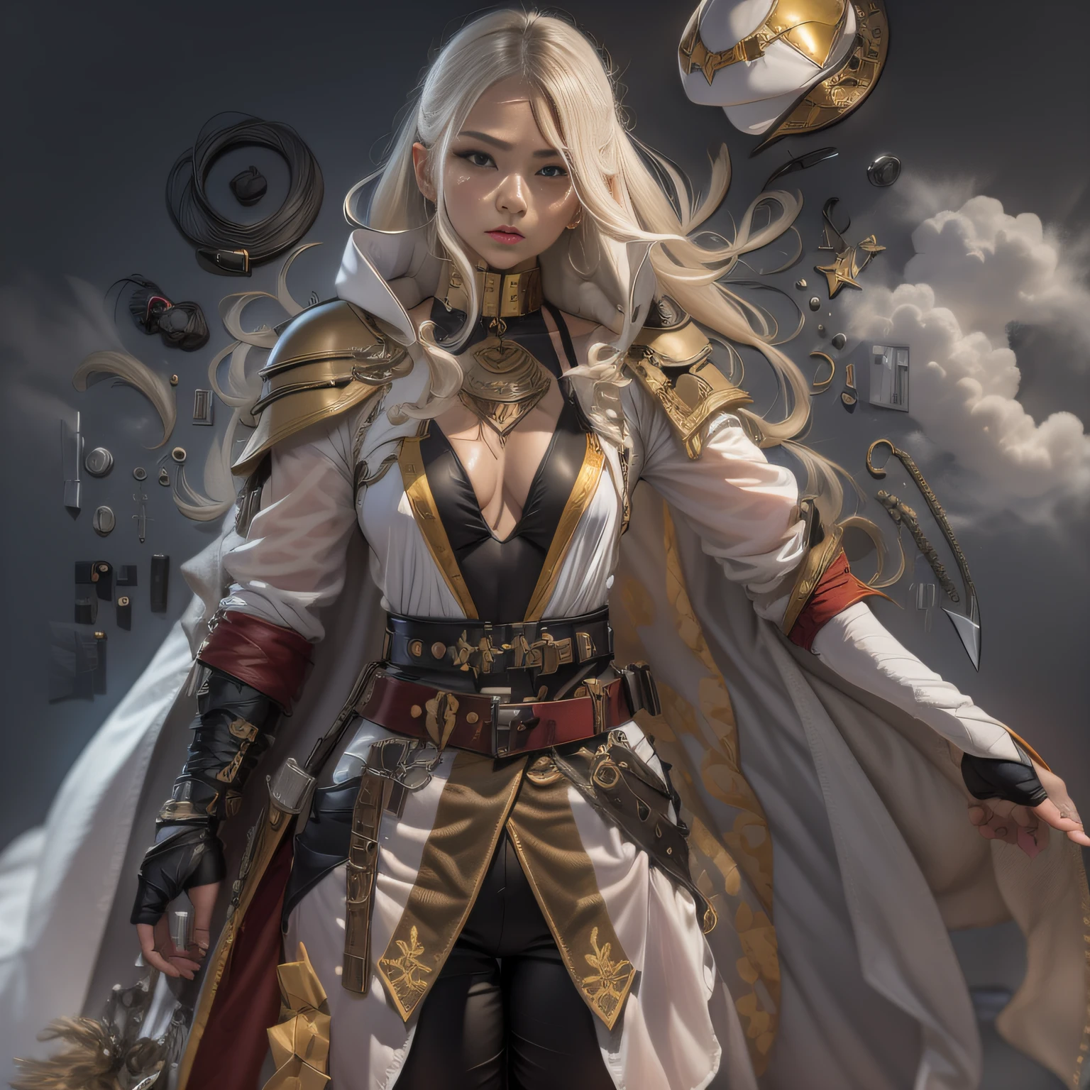 3 d model,Caramel macchiato, arma, The sword, halter, holdingweapon, 32K, Linen cloak, Top quality, Masterpiece:Faust,,1 , long whitr hair, clouds, On your stomach, (tmasterpiece,k hd,hyper HD,16k),clutching a sword, buliding, Reflectors, bloods, Eastern Asia, Weapon focus, Skysky, brunette color hair, knifes, trouser, firey, banya, The clothes ar, bandagens, sword sheath, Masks, 独奏,