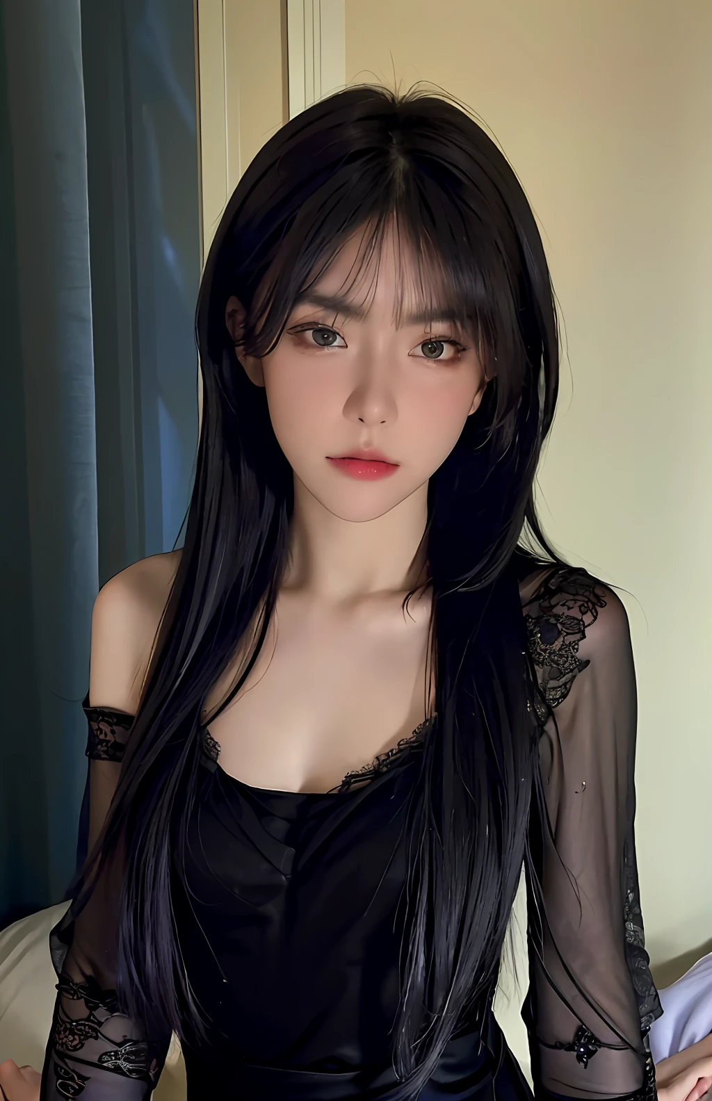 Best quality, masterpiece, ultra high res, (photorealistic:1.4), raw photo, 1girl, ((black lace nightgown)), ((small breast)), cold light