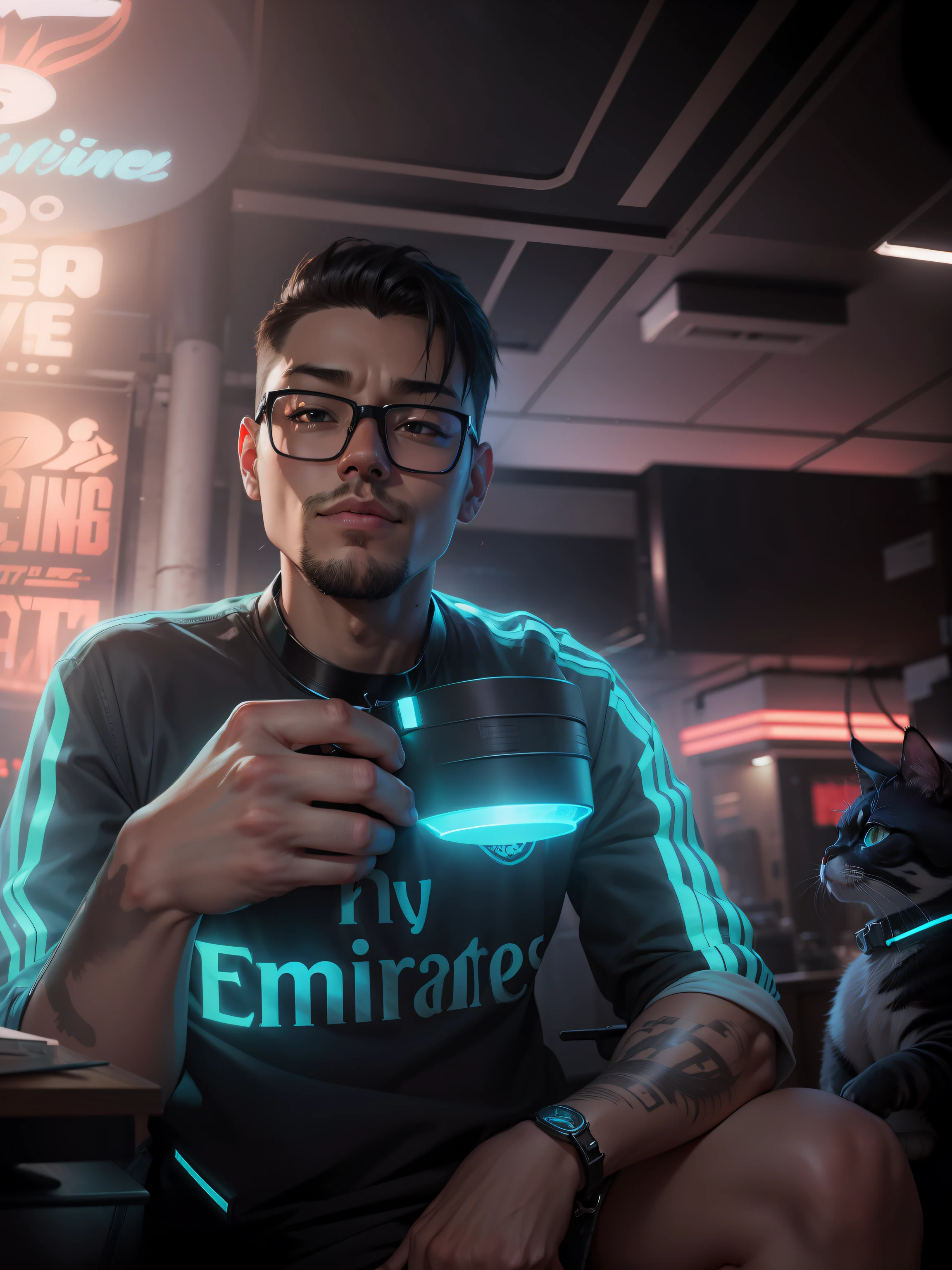 Change image to realistic Anime charcter with cyberpunk light  and cute cat sitting on shoulder